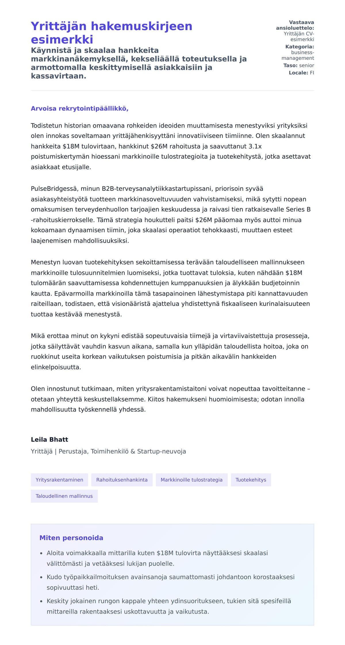 Työhakemuskirjeen esikatselu kohteelle Yrittäjän hakemuskirjeen esimerkki