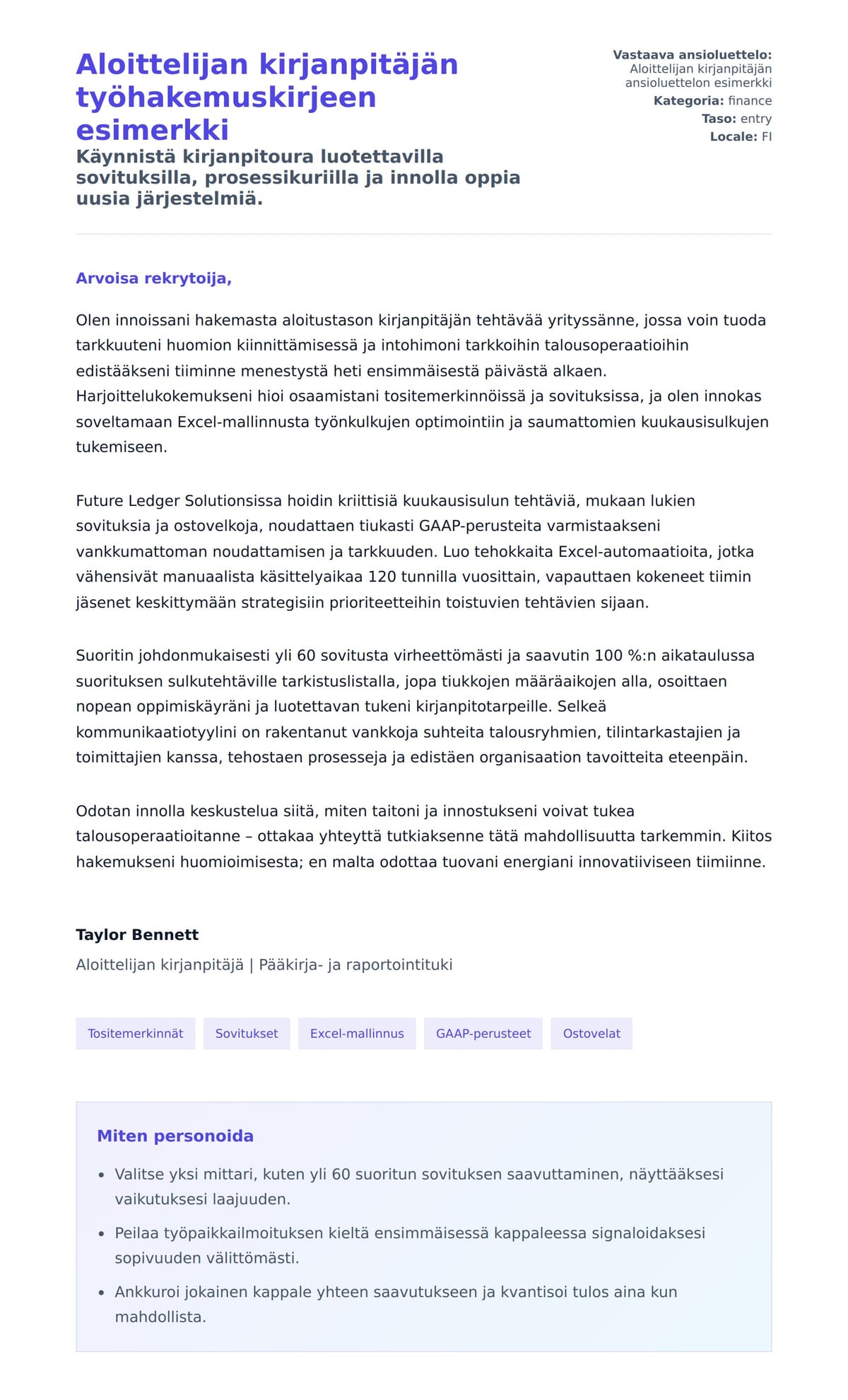 Työhakemuskirjeen esikatselu kohteelle Aloittelijan kirjanpitäjän työhakemuskirjeen esimerkki