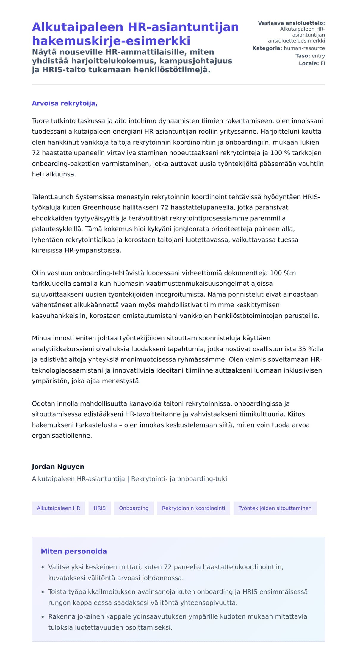 Työhakemuskirjeen esikatselu kohteelle Alkutaipaleen HR-asiantuntijan hakemuskirje-esimerkki