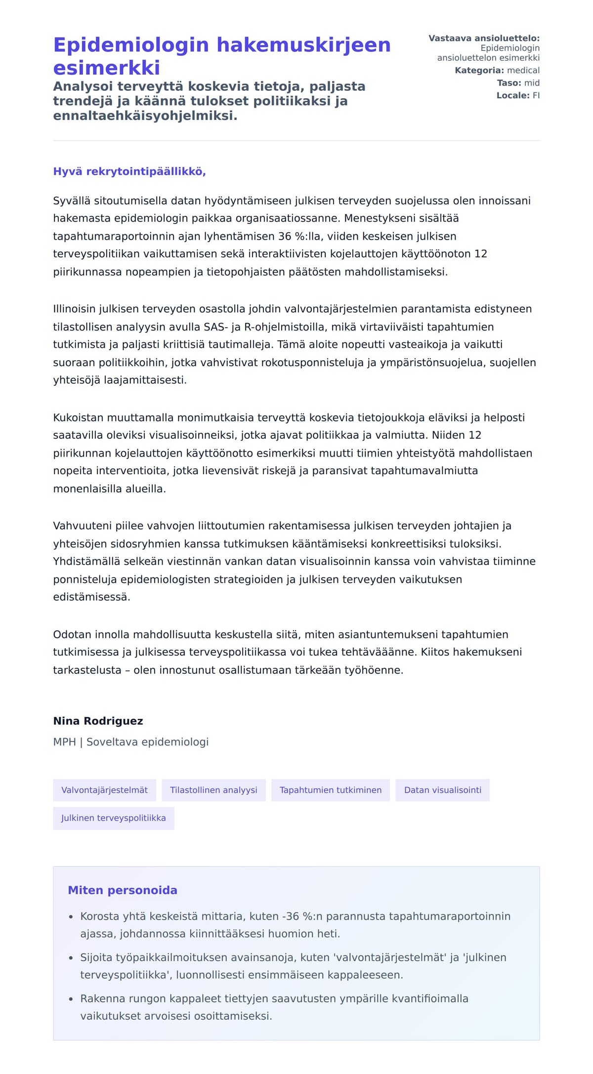 Työhakemuskirjeen esikatselu kohteelle Epidemiologin hakemuskirjeen esimerkki