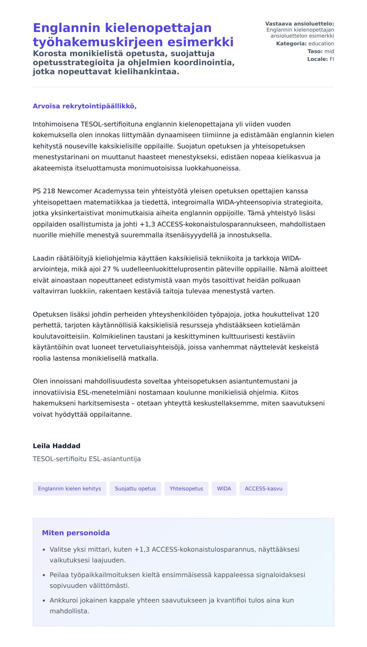 Työhakemuskirjeen esikatselu kohteelle Englannin kielenopettajan työhakemuskirjeen esimerkki