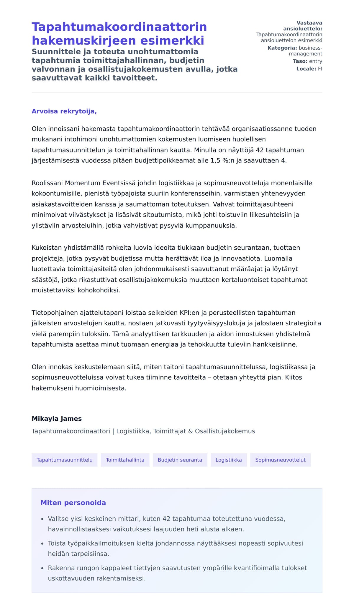 Työhakemuskirjeen esikatselu kohteelle Tapahtumakoordinaattorin hakemuskirjeen esimerkki