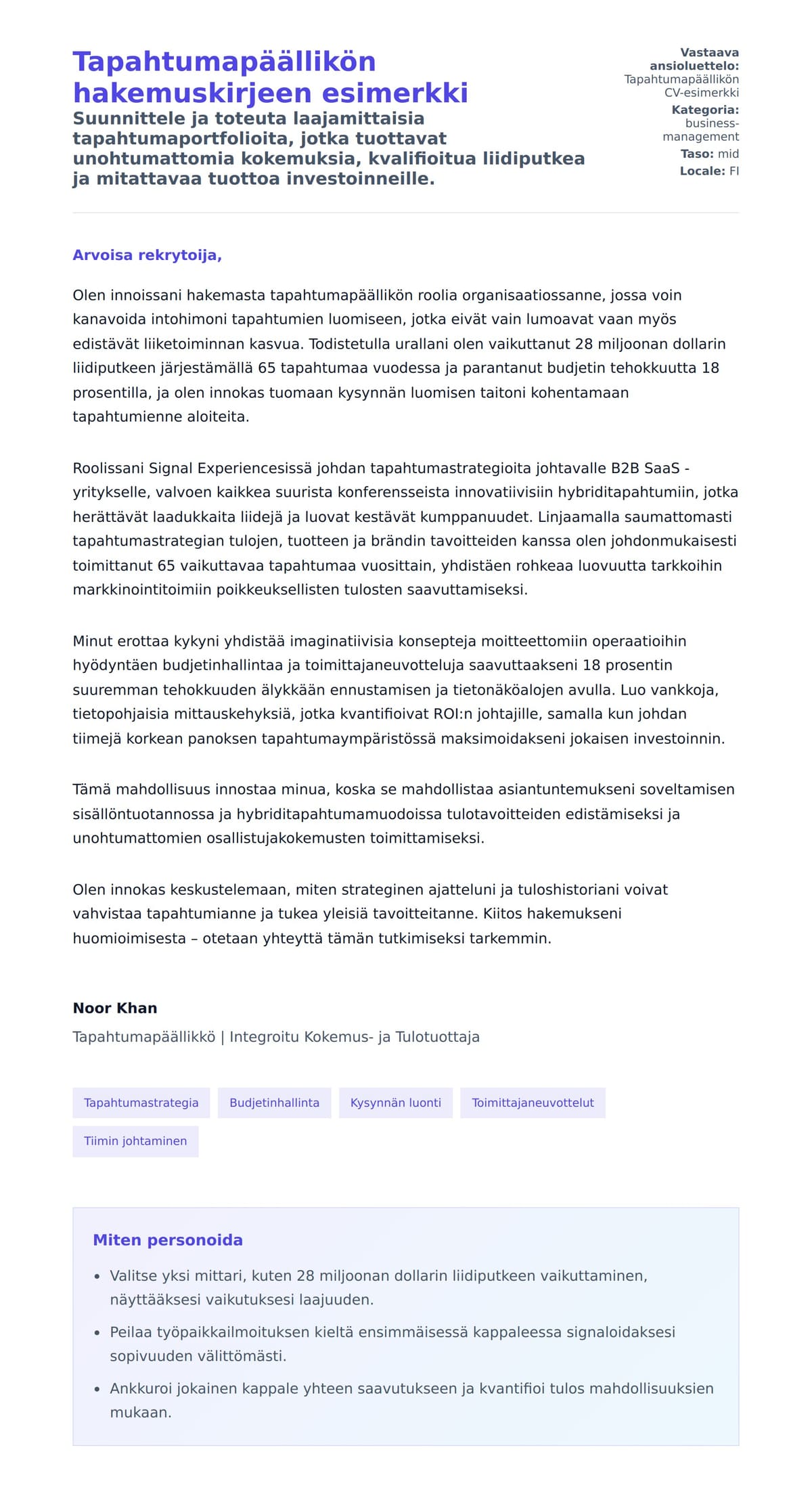 Työhakemuskirjeen esikatselu kohteelle Tapahtumapäällikön hakemuskirjeen esimerkki