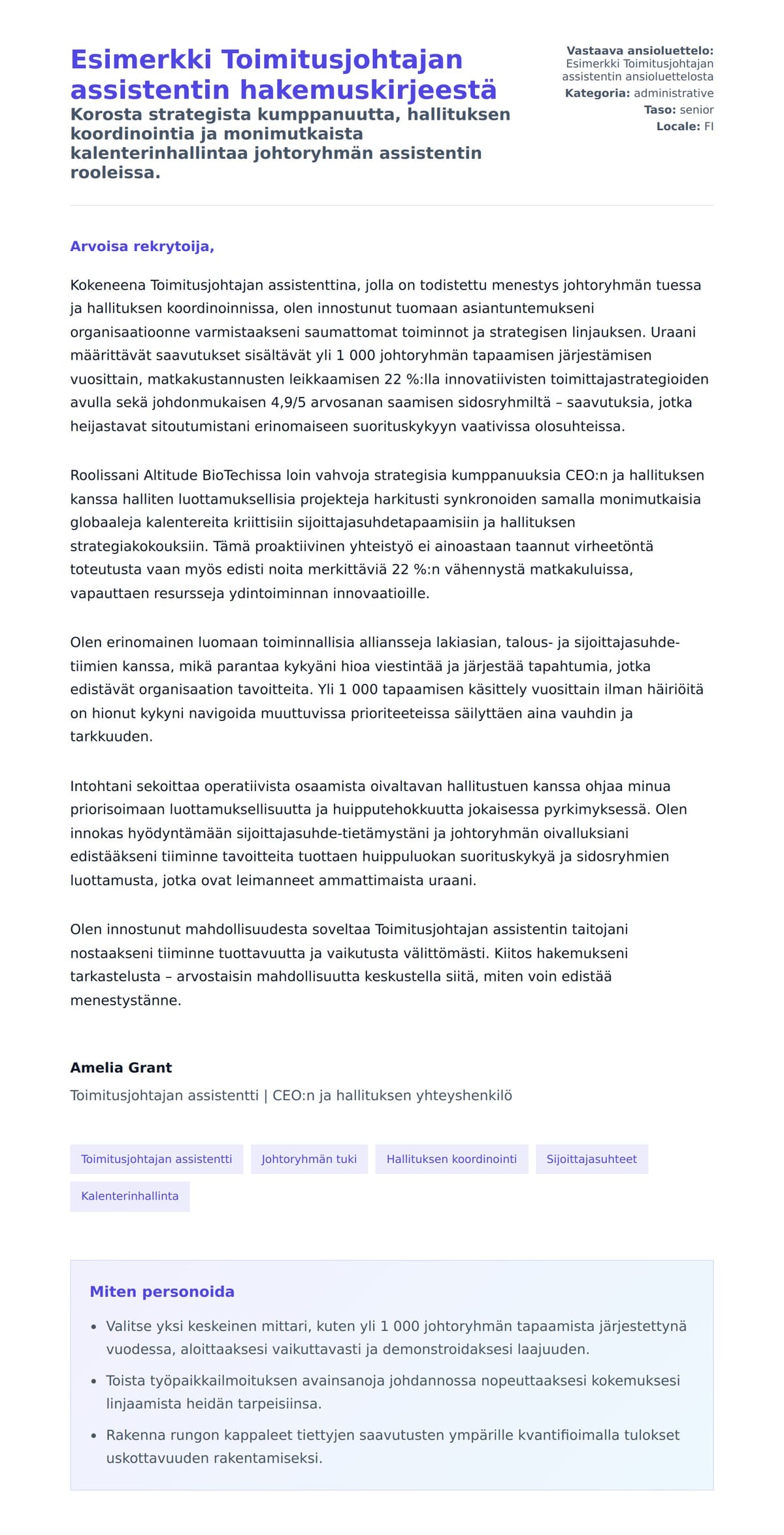 Työhakemuskirjeen esikatselu kohteelle Esimerkki Toimitusjohtajan assistentin hakemuskirjeestä