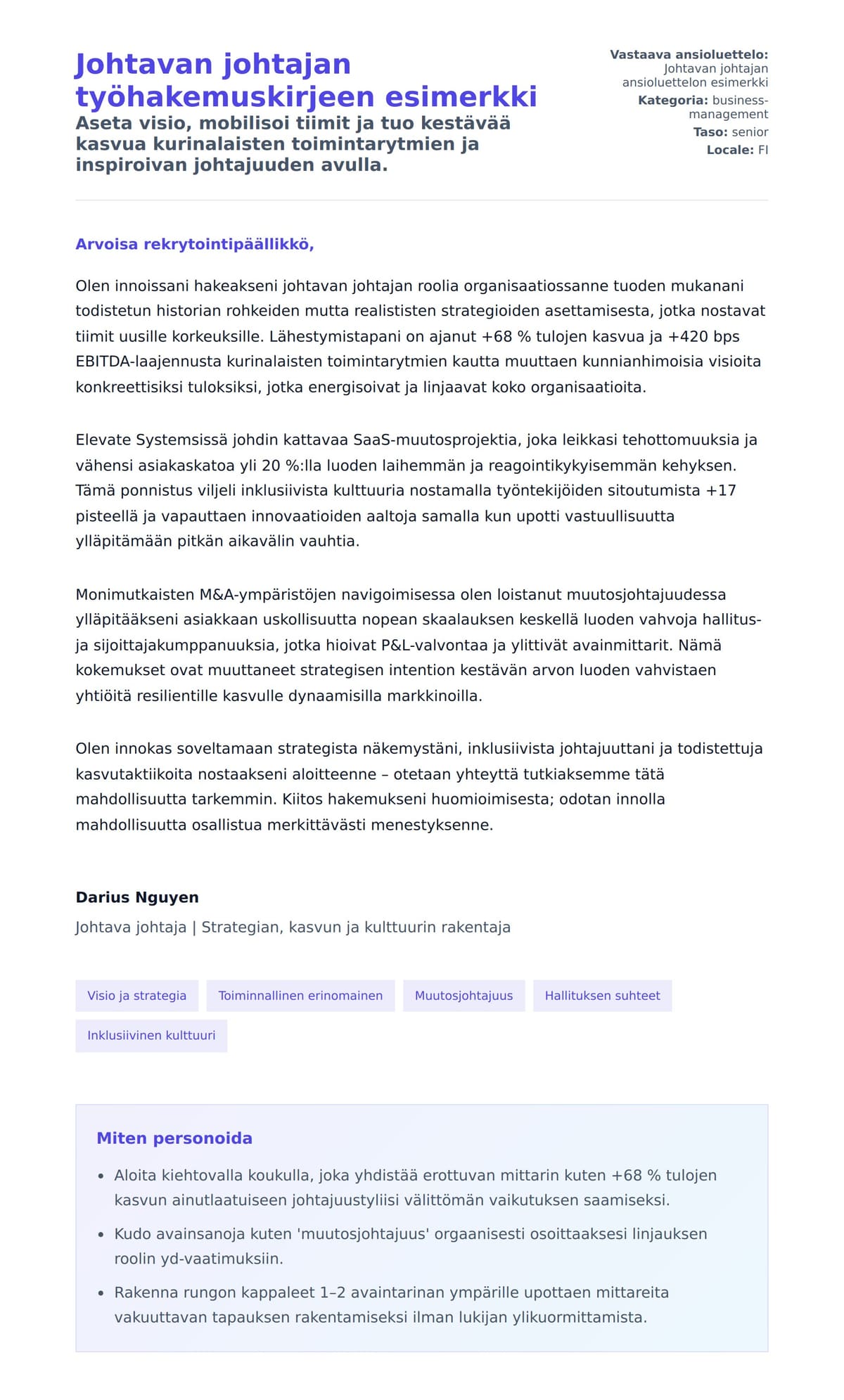Työhakemuskirjeen esikatselu kohteelle Johtavan johtajan työhakemuskirjeen esimerkki
