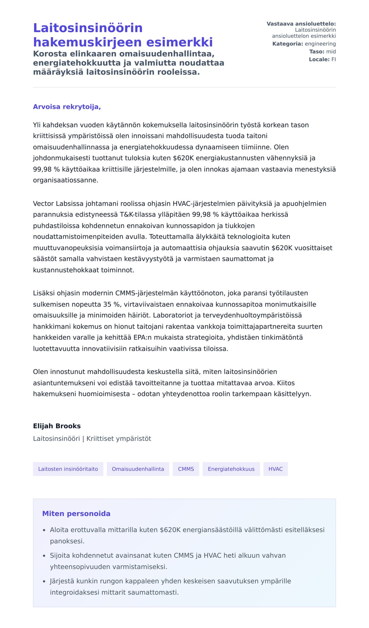 Työhakemuskirjeen esikatselu kohteelle Laitosinsinöörin hakemuskirjeen esimerkki