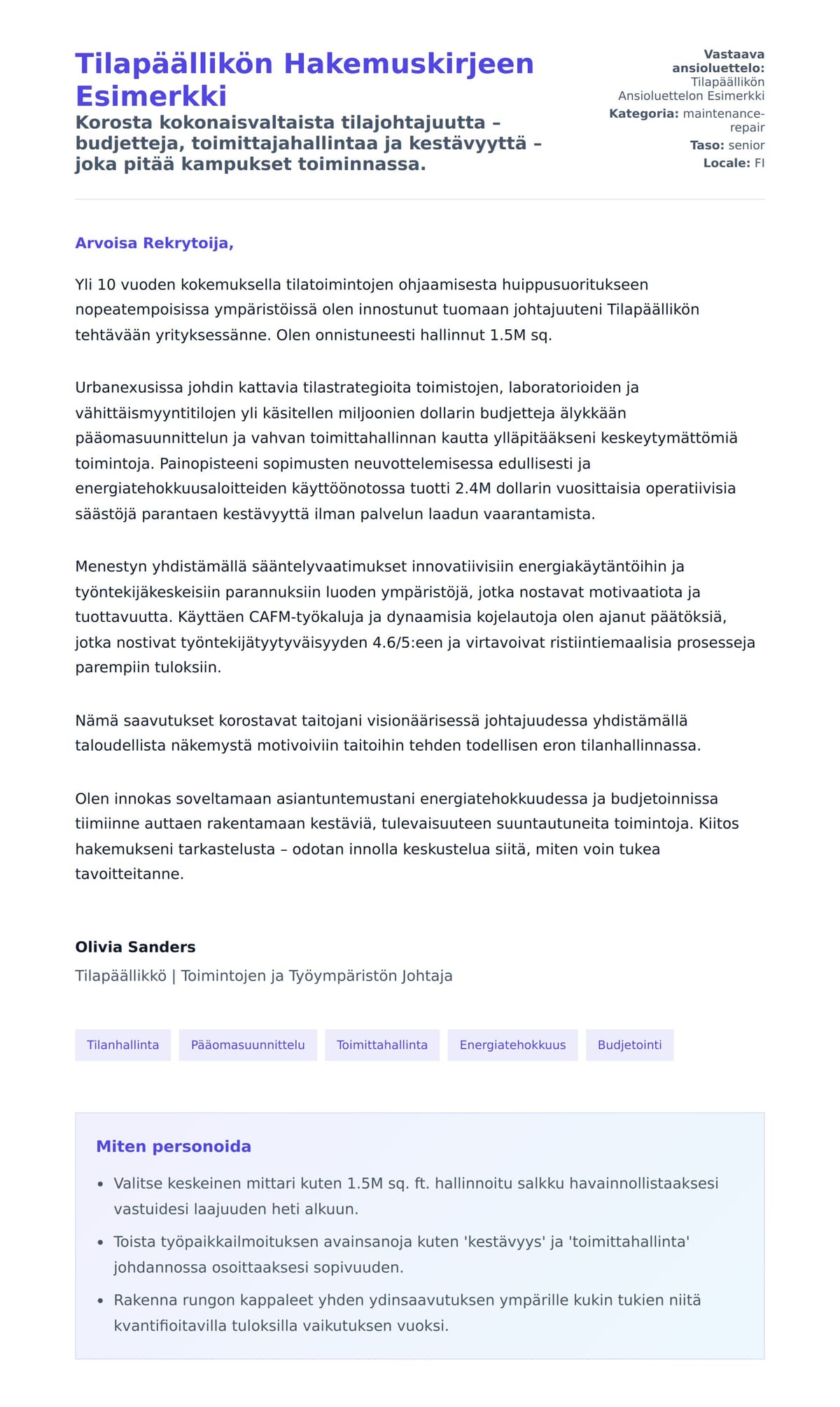 Työhakemuskirjeen esikatselu kohteelle Tilapäällikön Hakemuskirjeen Esimerkki
