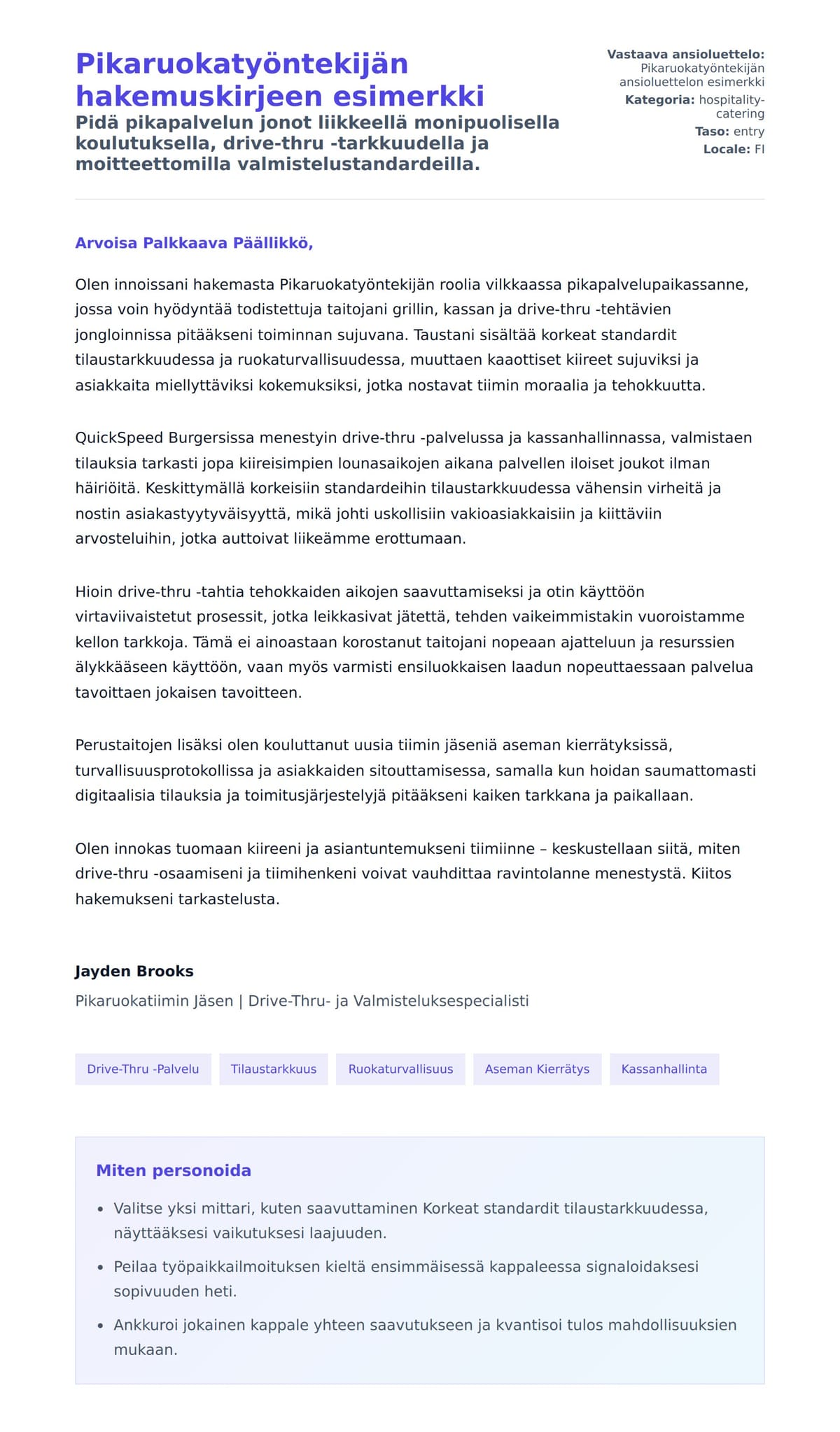 Työhakemuskirjeen esikatselu kohteelle Pikaruokatyöntekijän hakemuskirjeen esimerkki