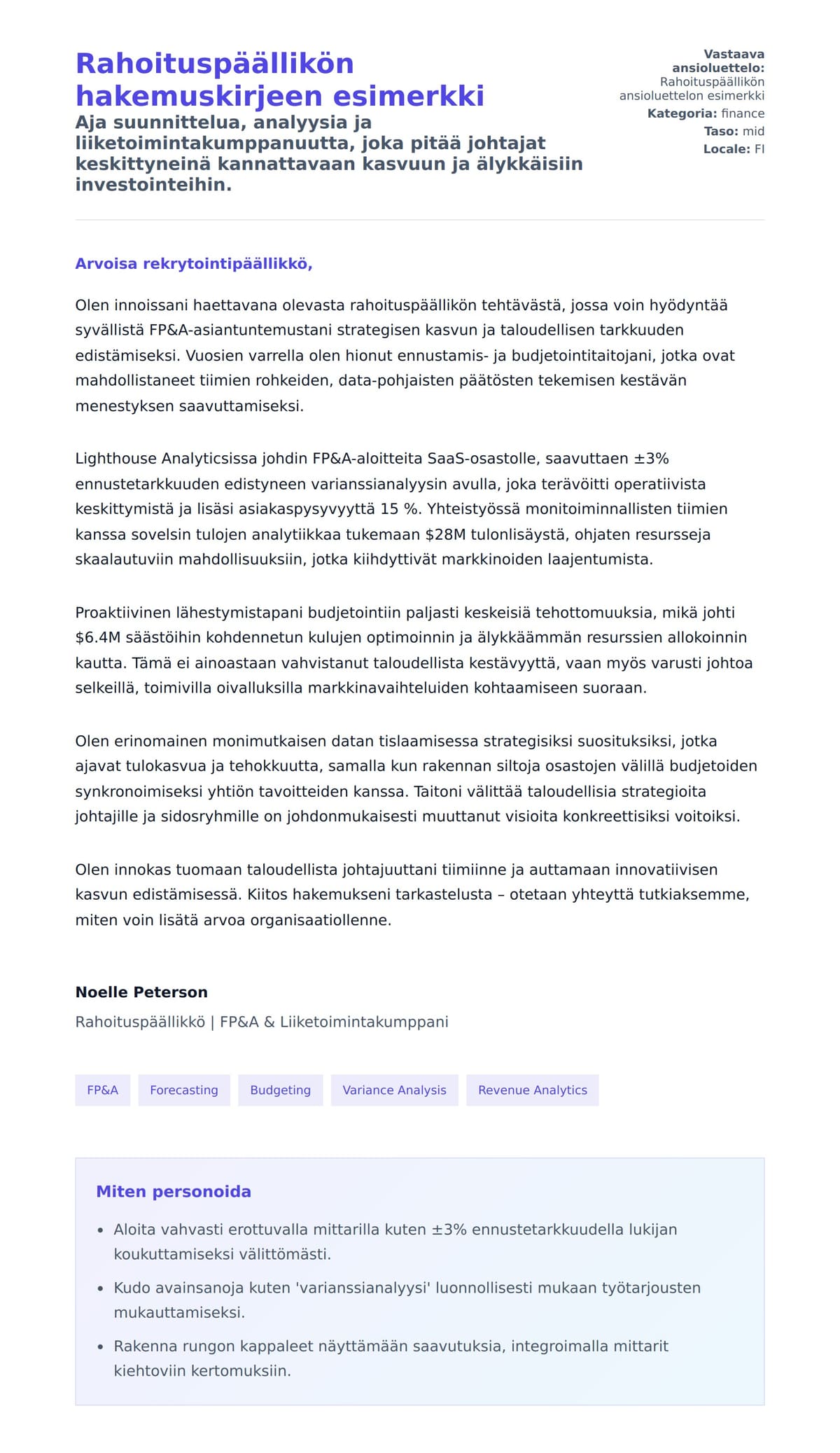 Työhakemuskirjeen esikatselu kohteelle Rahoituspäällikön hakemuskirjeen esimerkki