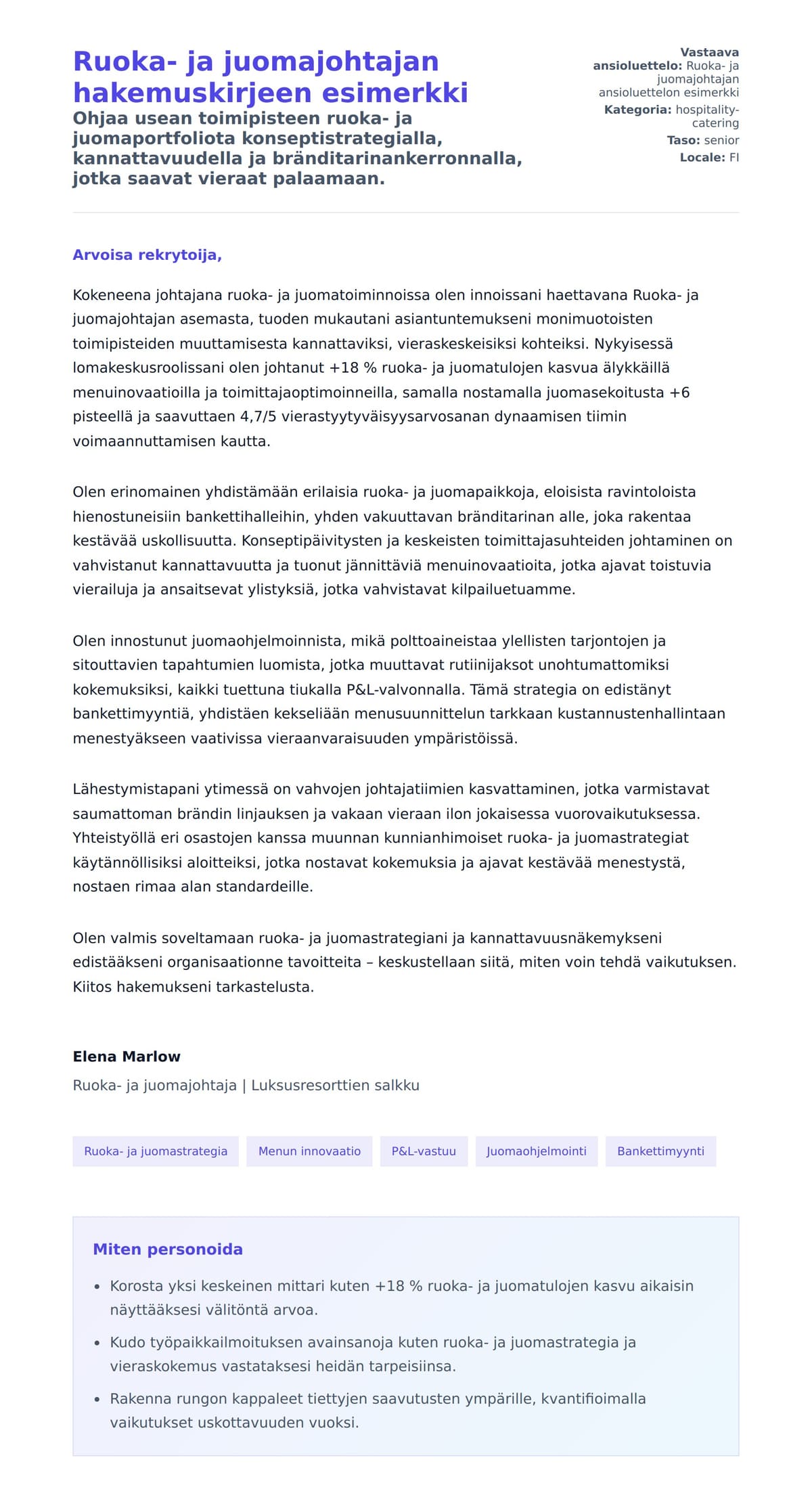 Työhakemuskirjeen esikatselu kohteelle Ruoka- ja juomajohtajan hakemuskirjeen esimerkki