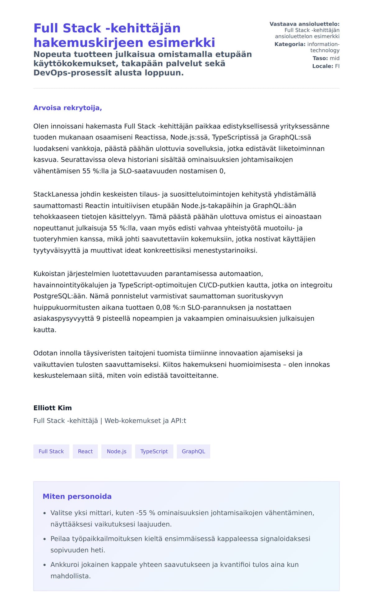 Työhakemuskirjeen esikatselu kohteelle Full Stack -kehittäjän hakemuskirjeen esimerkki