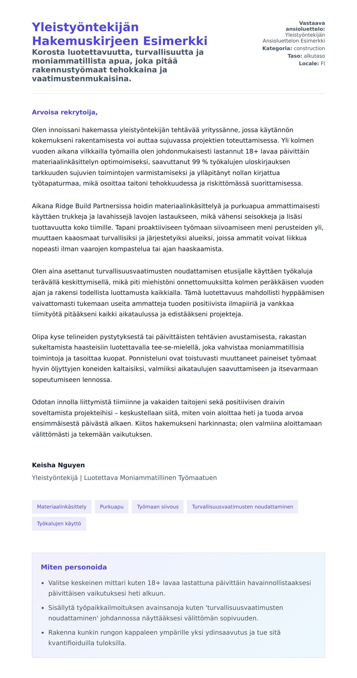 Työhakemuskirjeen esikatselu kohteelle Yleistyöntekijän Hakemuskirjeen Esimerkki