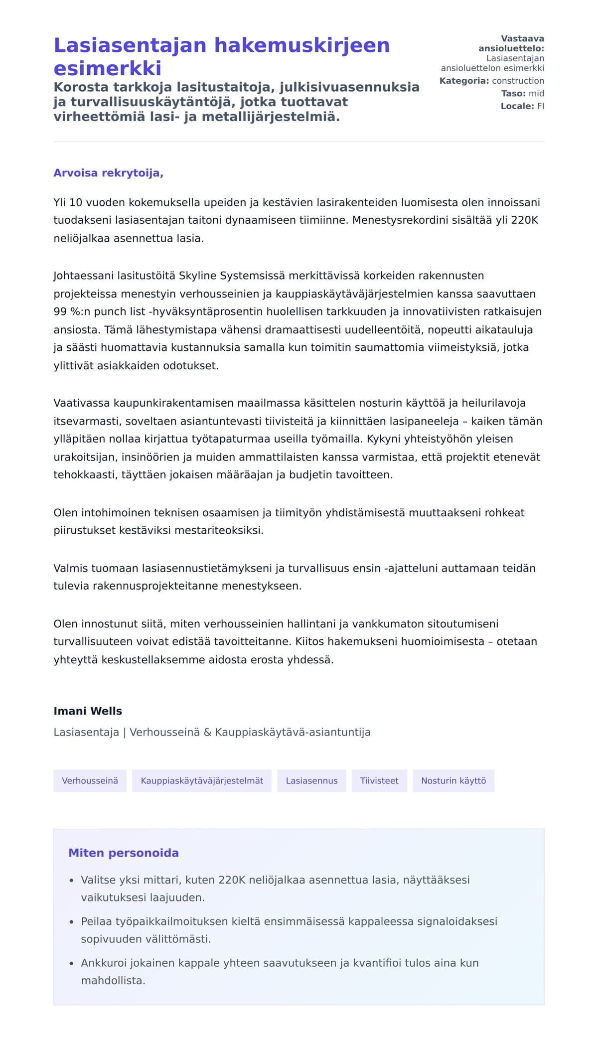 Työhakemuskirjeen esikatselu kohteelle Lasiasentajan hakemuskirjeen esimerkki