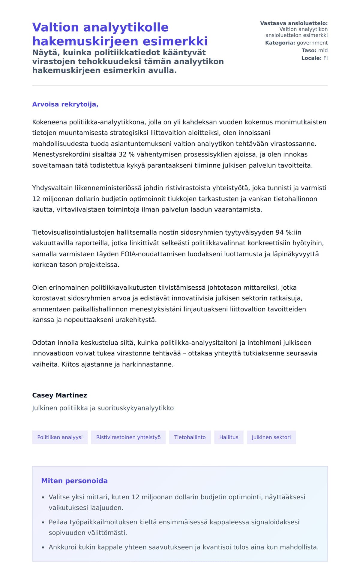 Työhakemuskirjeen esikatselu kohteelle Valtion analyytikolle hakemuskirjeen esimerkki