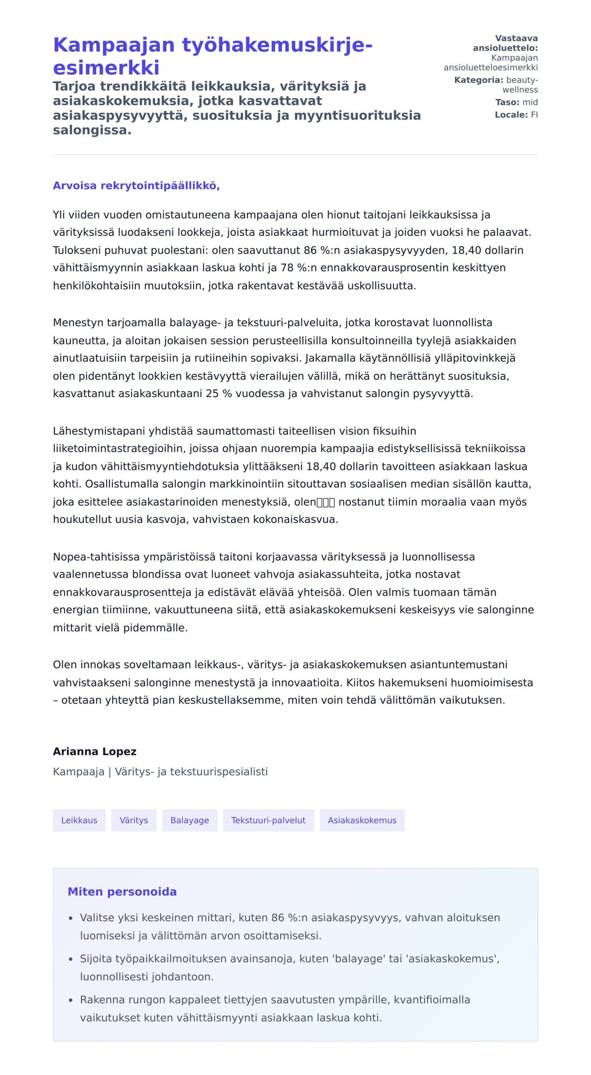 Työhakemuskirjeen esikatselu kohteelle Kampaajan työhakemuskirje-esimerkki