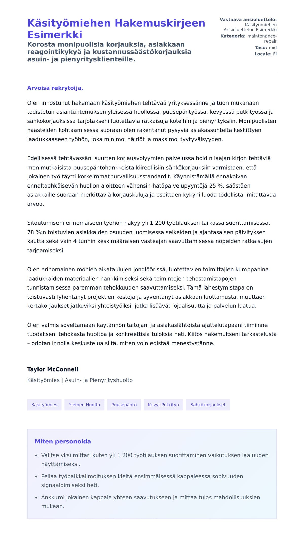 Työhakemuskirjeen esikatselu kohteelle Käsityömiehen Hakemuskirjeen Esimerkki