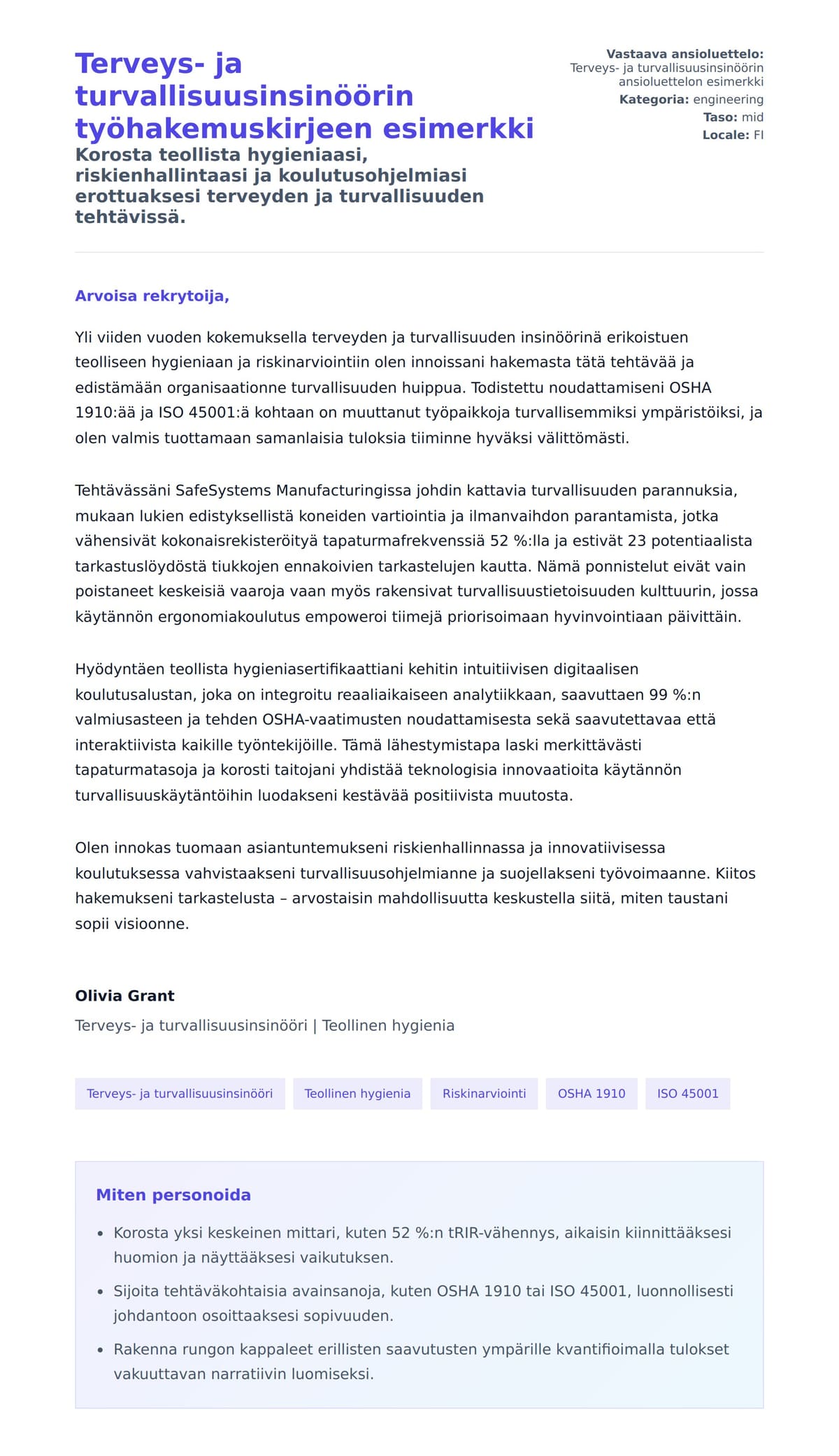 Työhakemuskirjeen esikatselu kohteelle Terveys- ja turvallisuusinsinöörin työhakemuskirjeen esimerkki