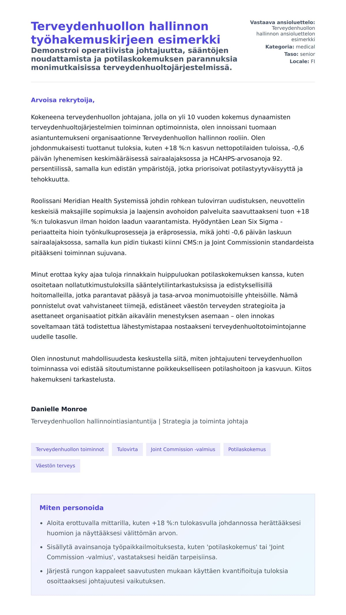 Työhakemuskirjeen esikatselu kohteelle Terveydenhuollon hallinnon työhakemuskirjeen esimerkki