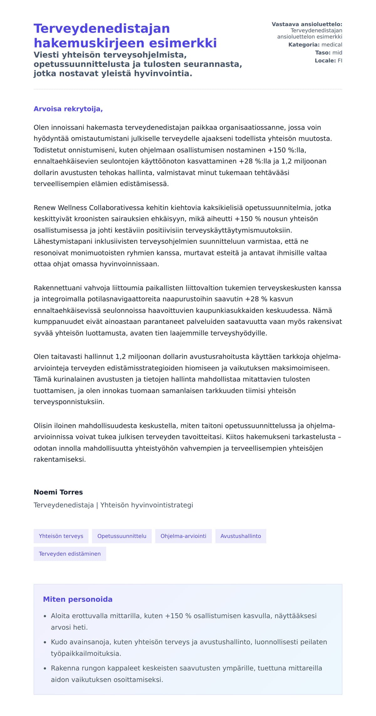 Työhakemuskirjeen esikatselu kohteelle Terveydenedistajan hakemuskirjeen esimerkki