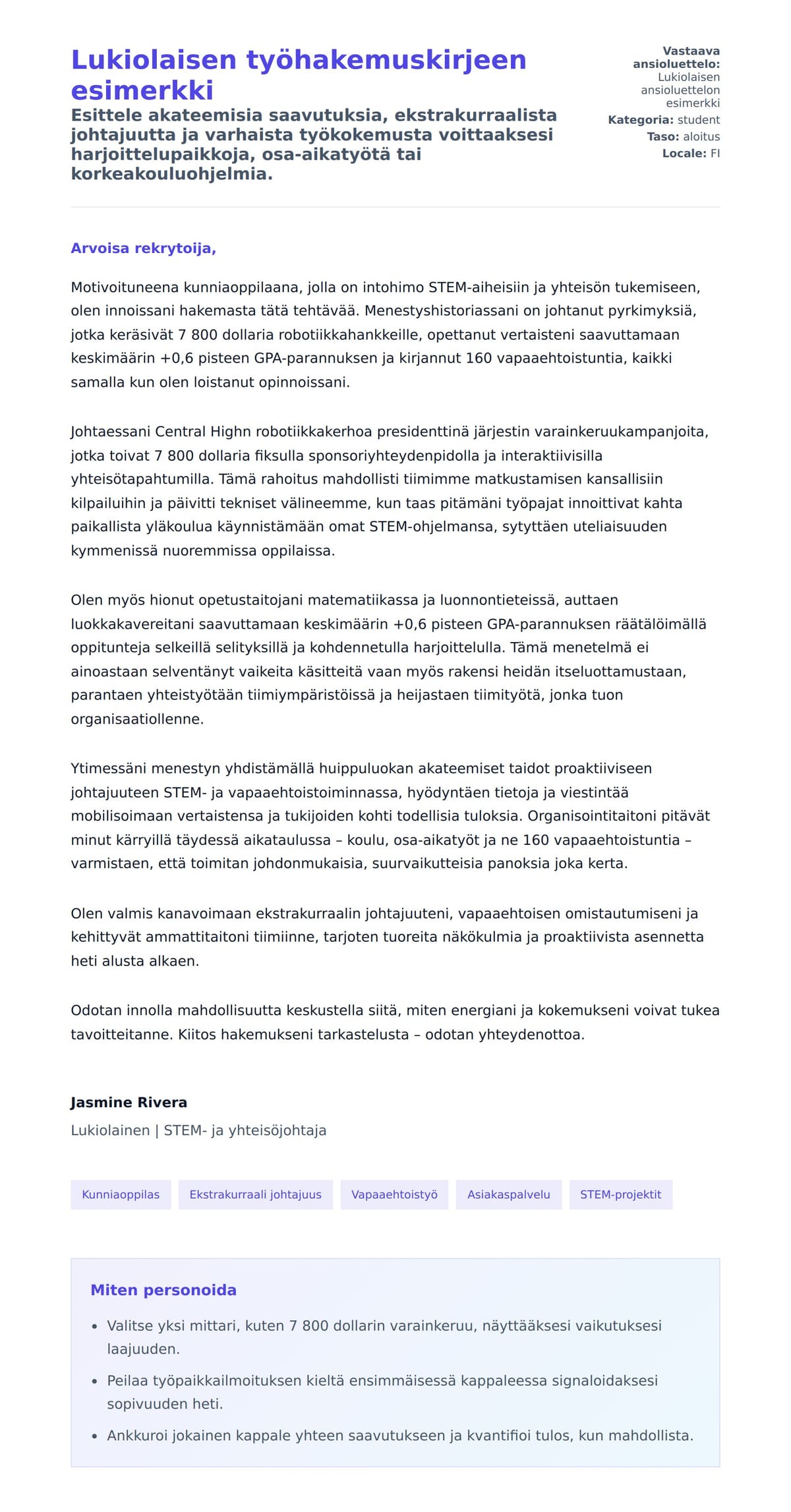 Työhakemuskirjeen esikatselu kohteelle Lukiolaisen työhakemuskirjeen esimerkki