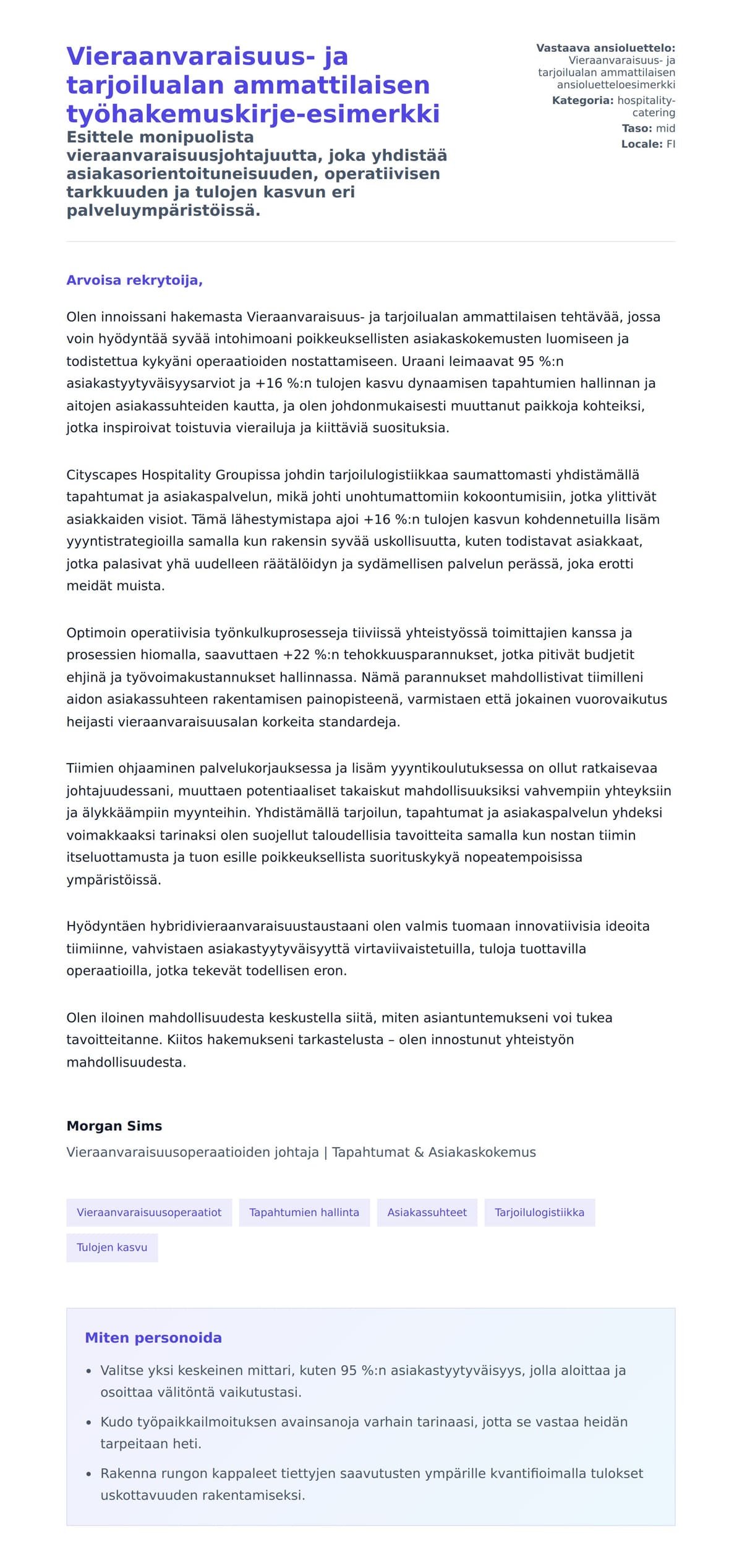 Työhakemuskirjeen esikatselu kohteelle Vieraanvaraisuus- ja tarjoilualan ammattilaisen työhakemuskirje-esimerkki