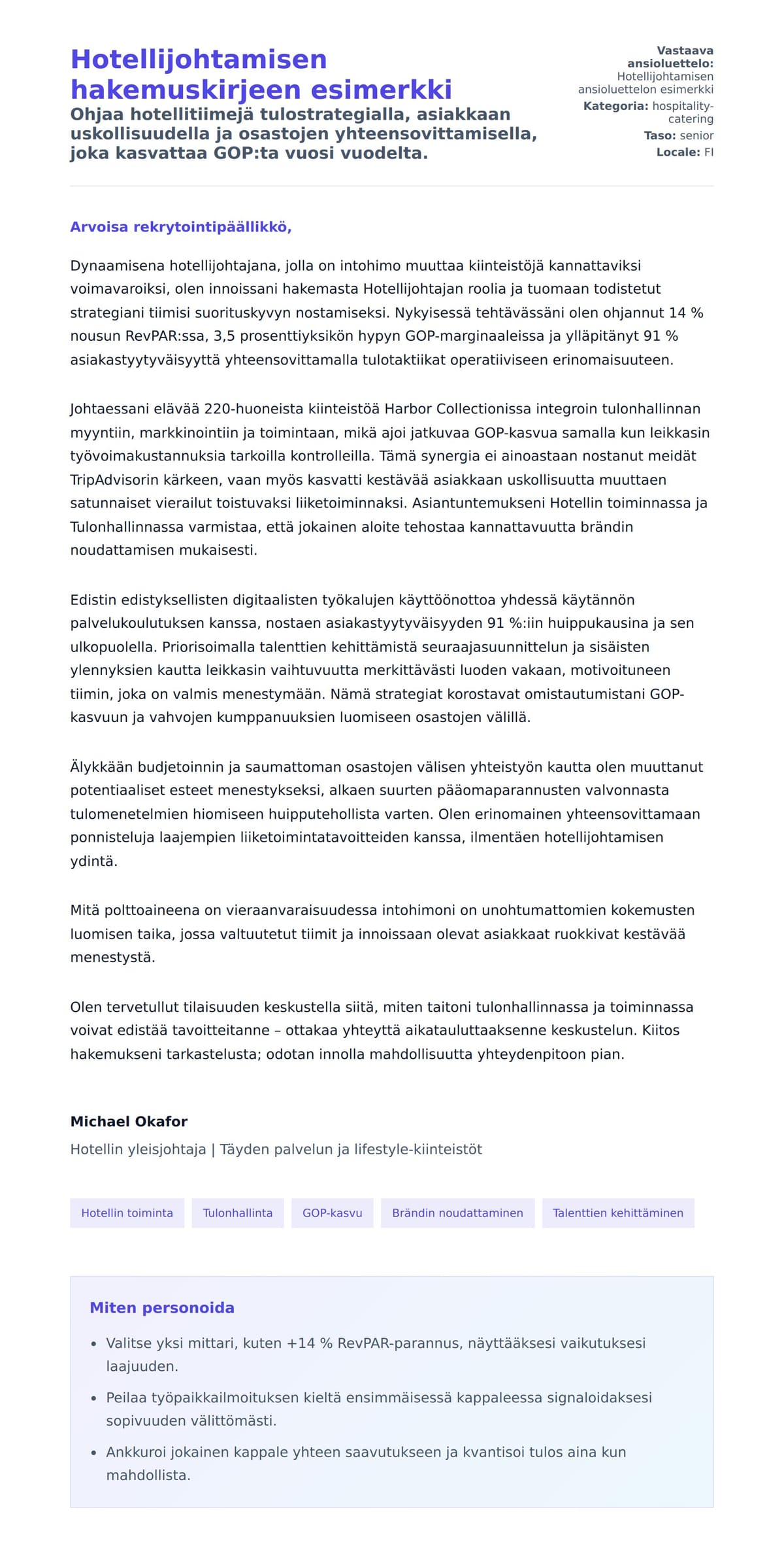 Työhakemuskirjeen esikatselu kohteelle Hotellijohtamisen hakemuskirjeen esimerkki