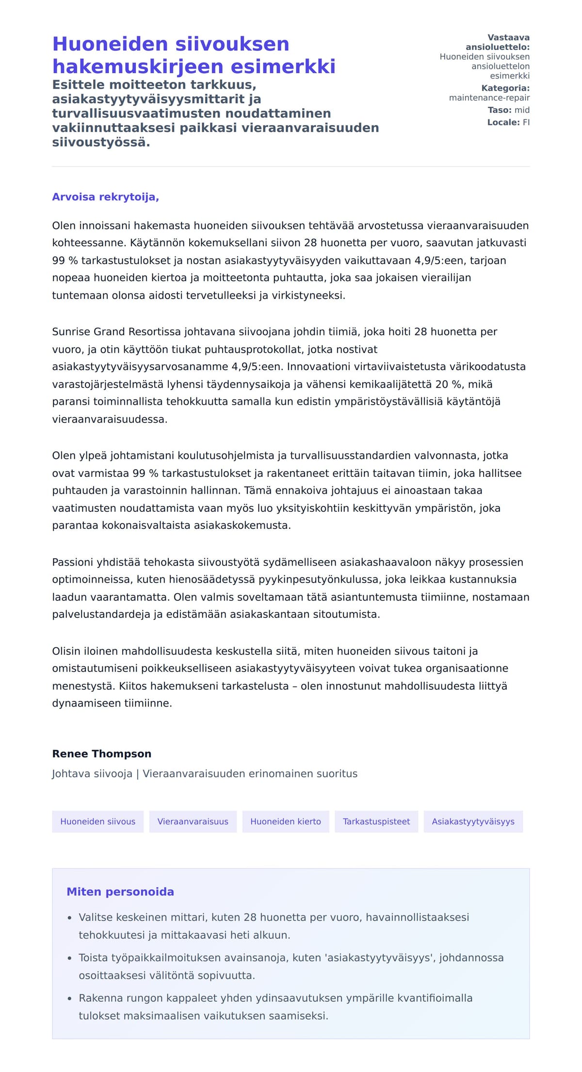 Työhakemuskirjeen esikatselu kohteelle Huoneiden siivouksen hakemuskirjeen esimerkki