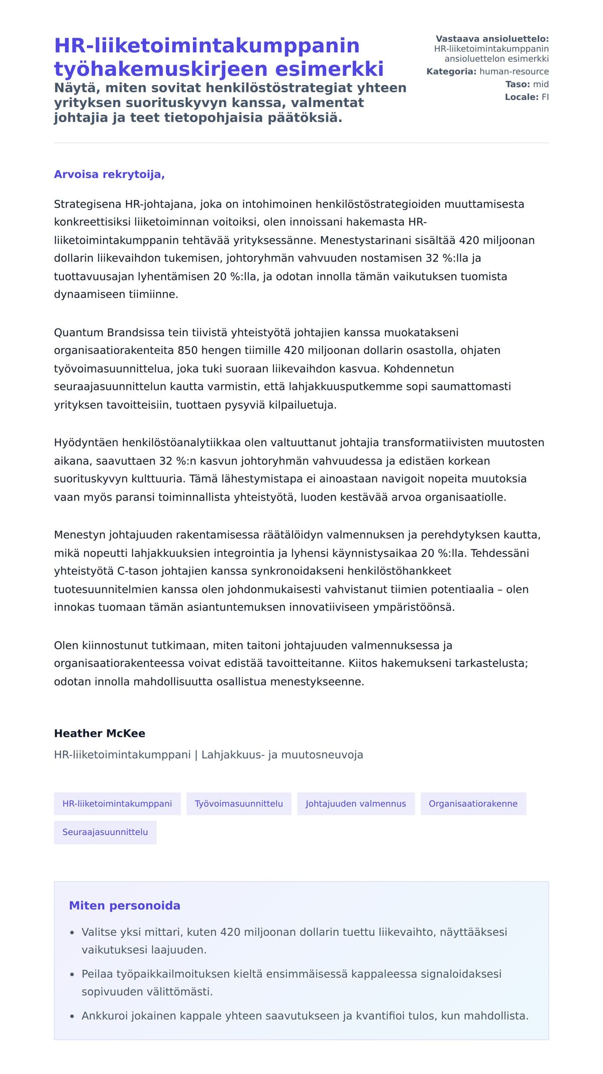 Työhakemuskirjeen esikatselu kohteelle HR-liiketoimintakumppanin työhakemuskirjeen esimerkki