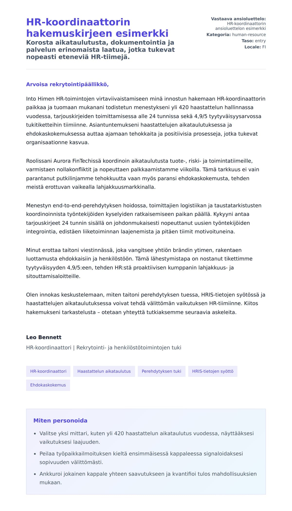 Työhakemuskirjeen esikatselu kohteelle HR-koordinaattorin hakemuskirjeen esimerkki