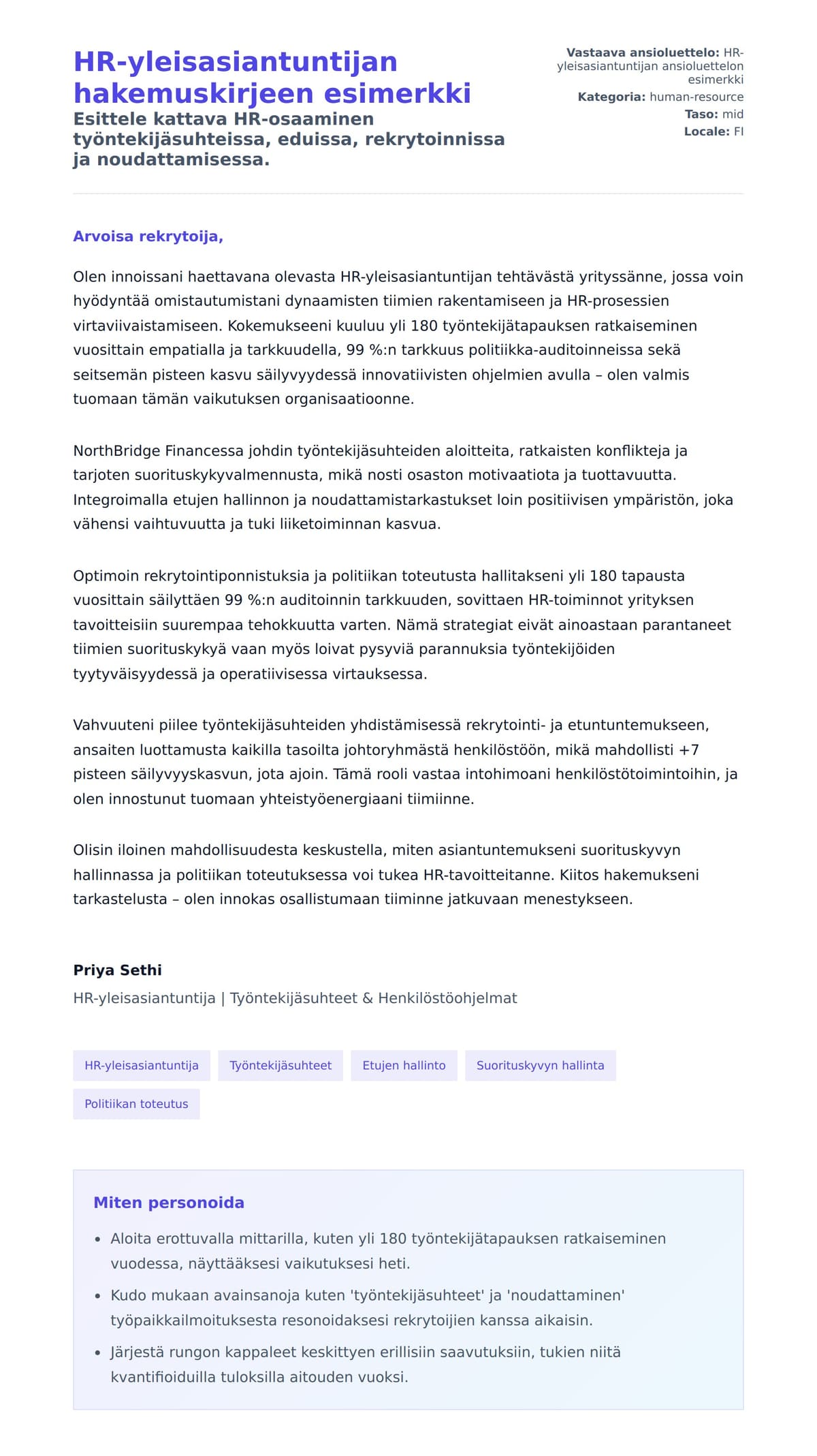 Työhakemuskirjeen esikatselu kohteelle HR-yleisasiantuntijan hakemuskirjeen esimerkki