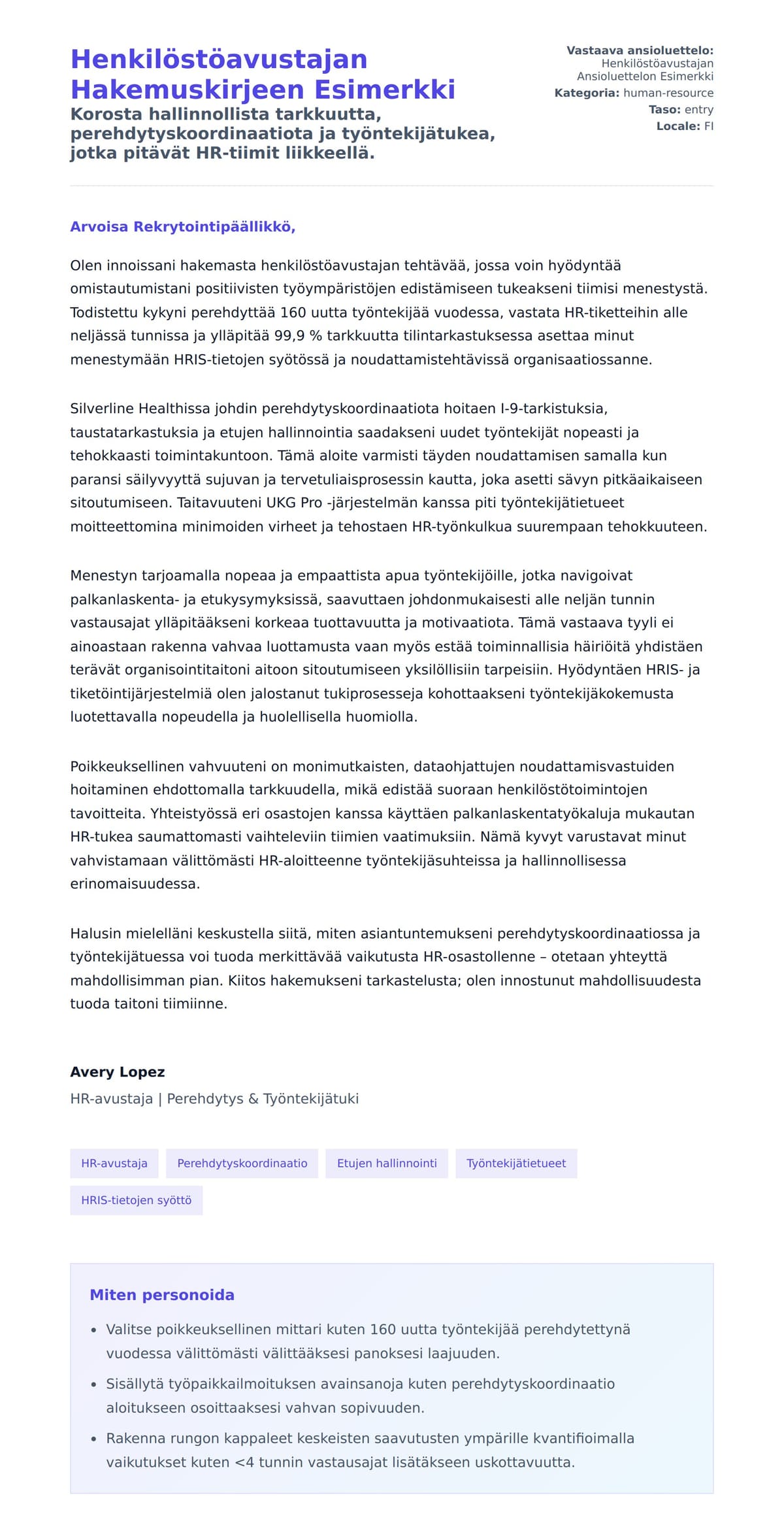 Työhakemuskirjeen esikatselu kohteelle Henkilöstöavustajan Hakemuskirjeen Esimerkki