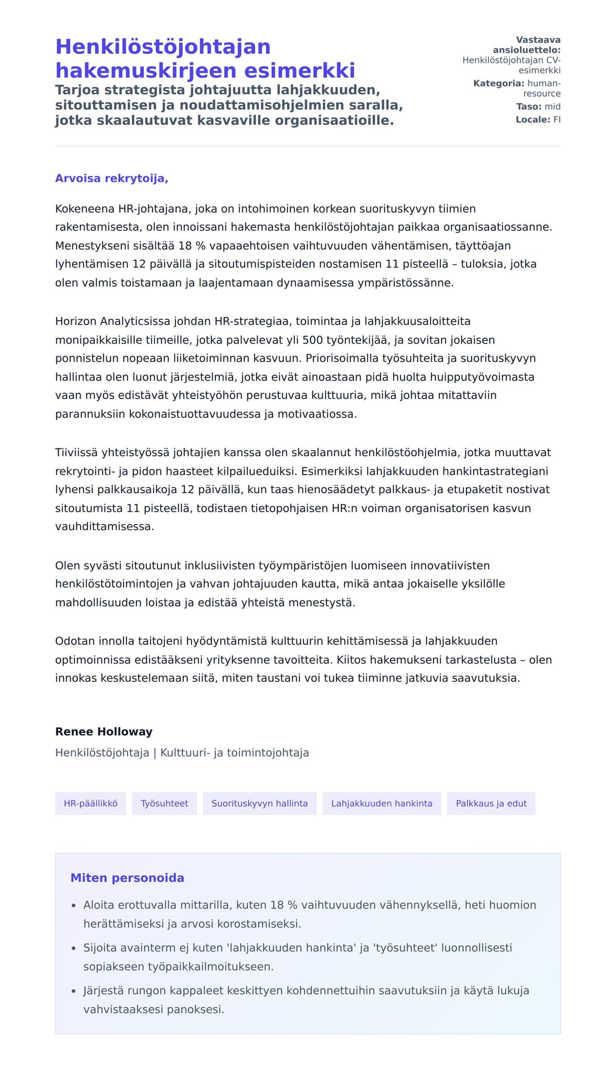 Työhakemuskirjeen esikatselu kohteelle Henkilöstöjohtajan hakemuskirjeen esimerkki