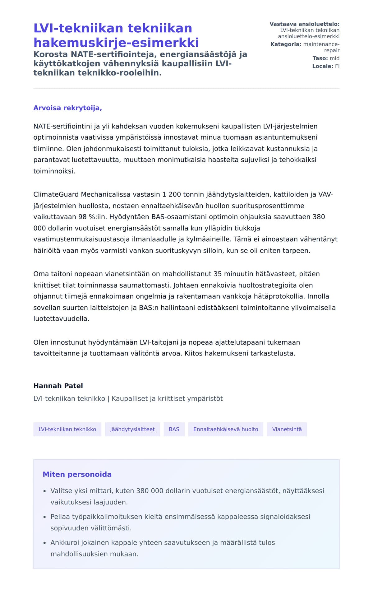 Työhakemuskirjeen esikatselu kohteelle LVI-tekniikan tekniikan hakemuskirje-esimerkki
