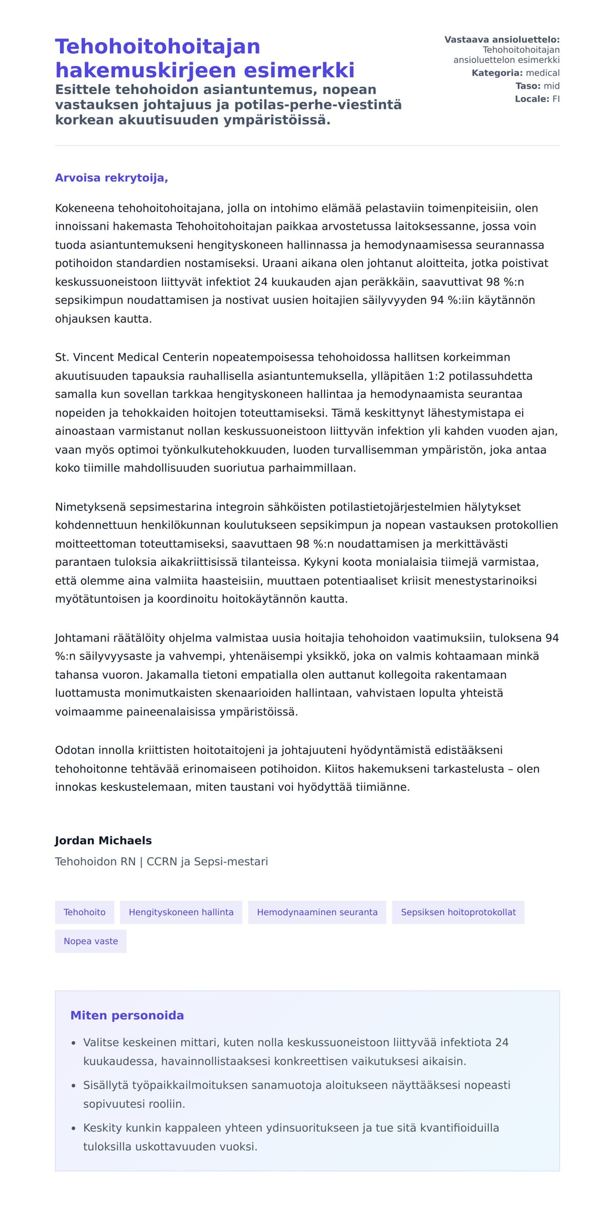 Työhakemuskirjeen esikatselu kohteelle Tehohoitohoitajan hakemuskirjeen esimerkki