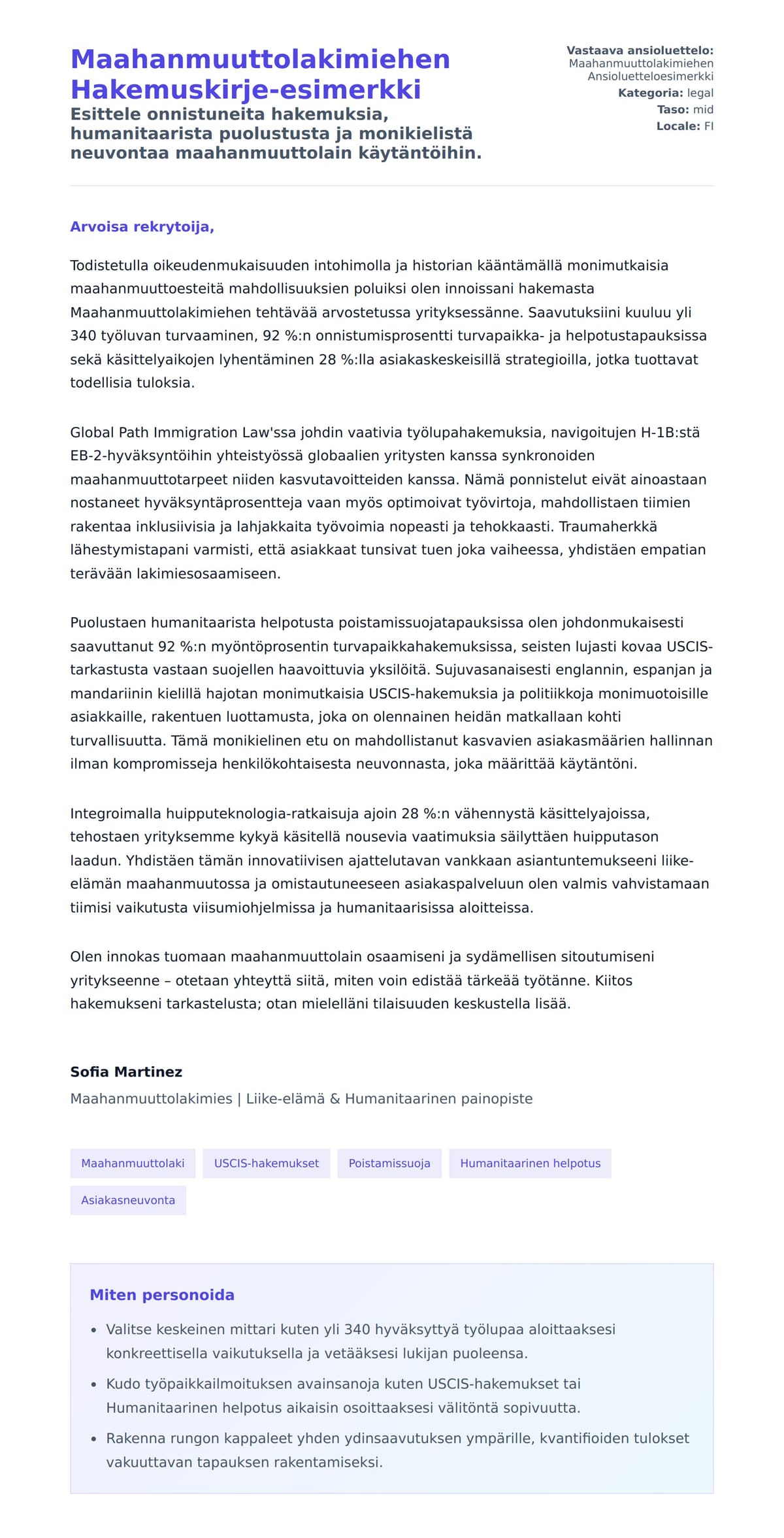 Työhakemuskirjeen esikatselu kohteelle Maahanmuuttolakimiehen Hakemuskirje-esimerkki