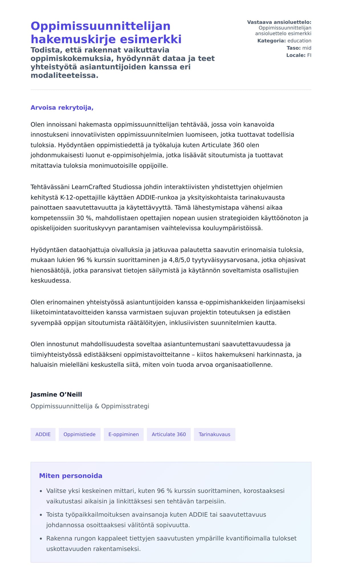 Työhakemuskirjeen esikatselu kohteelle Oppimissuunnittelijan hakemuskirje esimerkki