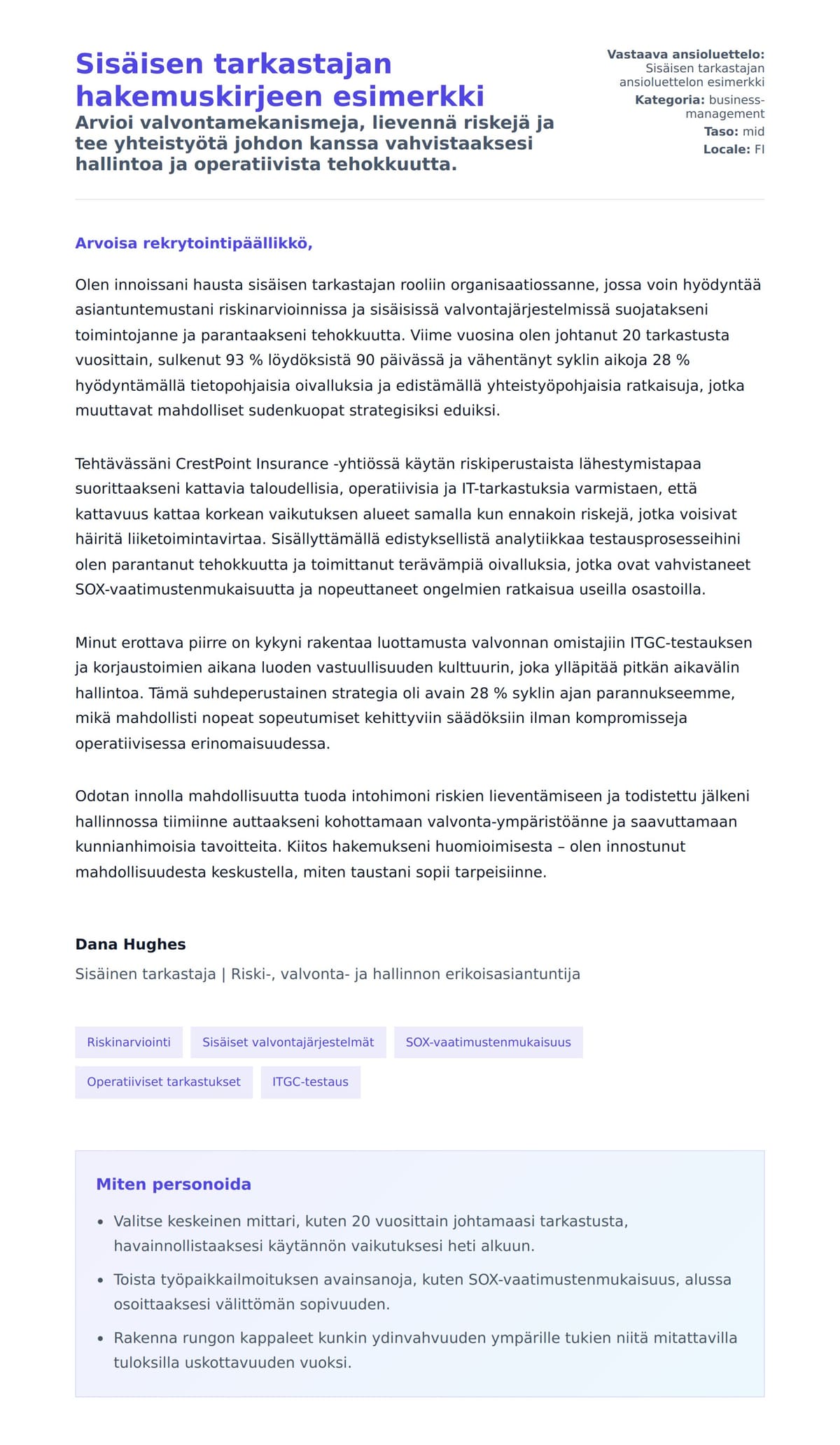 Työhakemuskirjeen esikatselu kohteelle Sisäisen tarkastajan hakemuskirjeen esimerkki