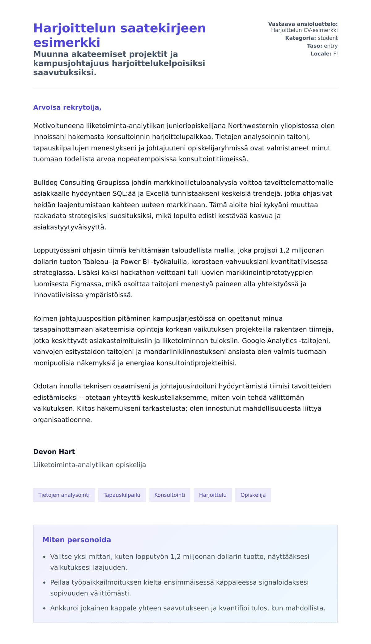 Työhakemuskirjeen esikatselu kohteelle Harjoittelun saatekirjeen esimerkki