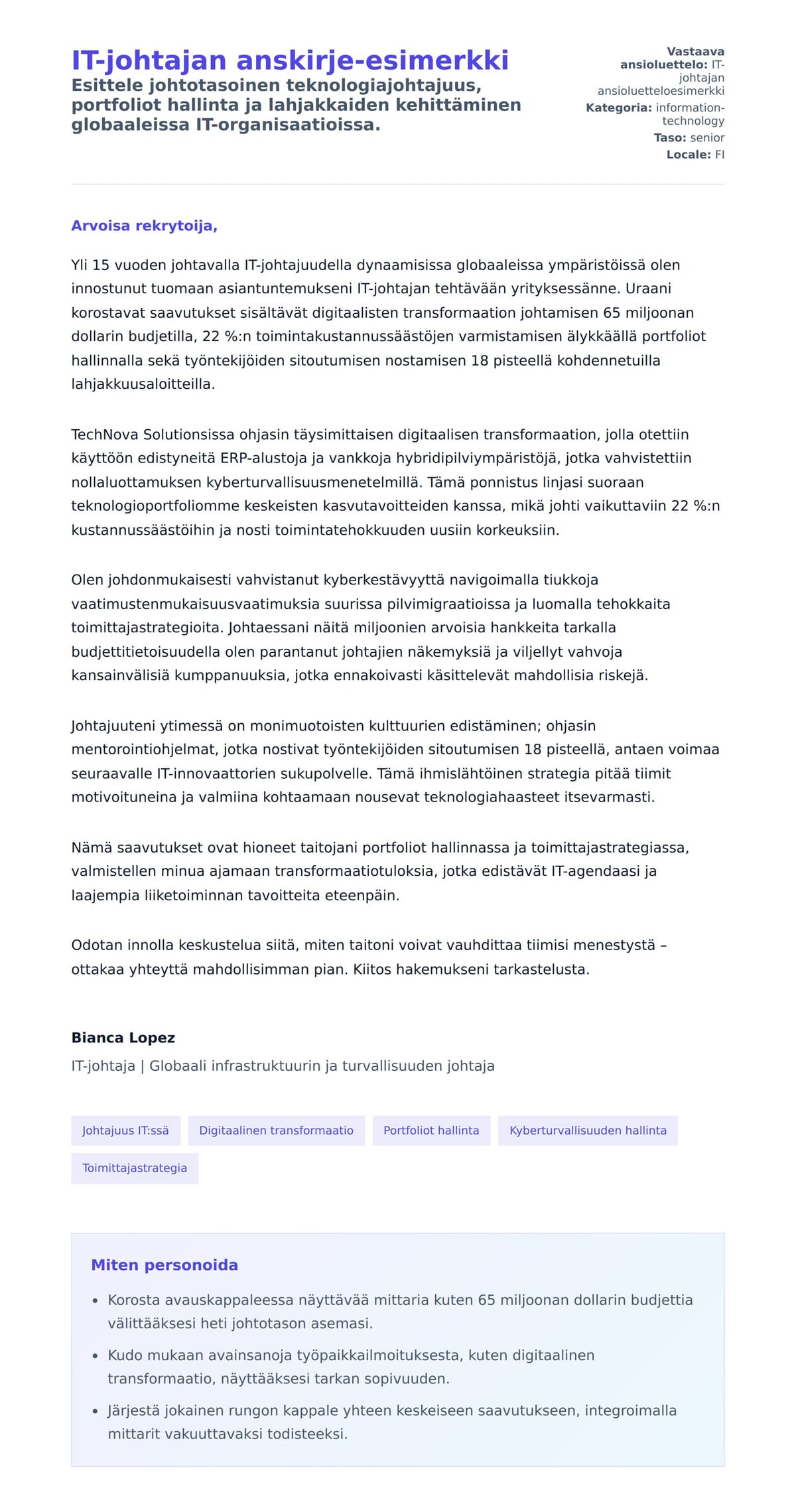 Työhakemuskirjeen esikatselu kohteelle IT-johtajan anskirje-esimerkki