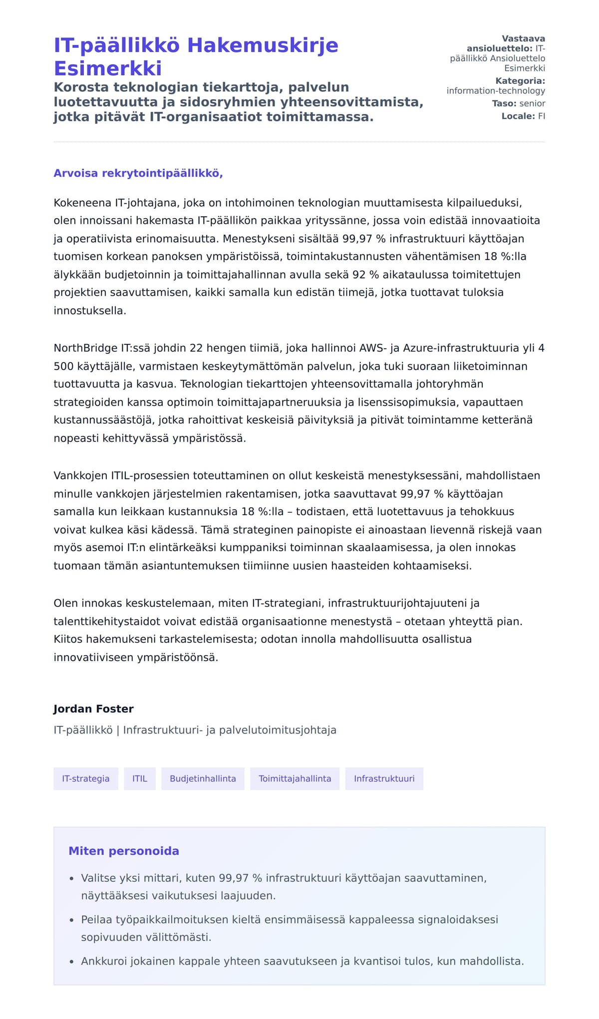 Työhakemuskirjeen esikatselu kohteelle IT-päällikkö Hakemuskirje Esimerkki