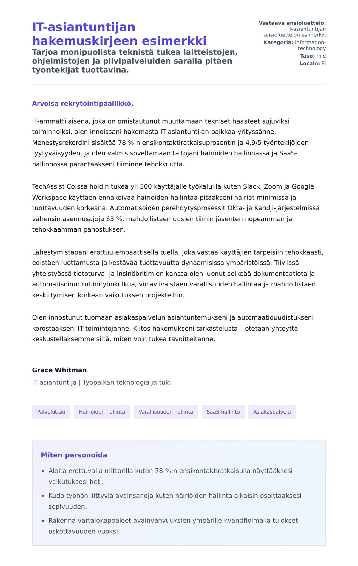 Työhakemuskirjeen esikatselu kohteelle IT-asiantuntijan hakemuskirjeen esimerkki