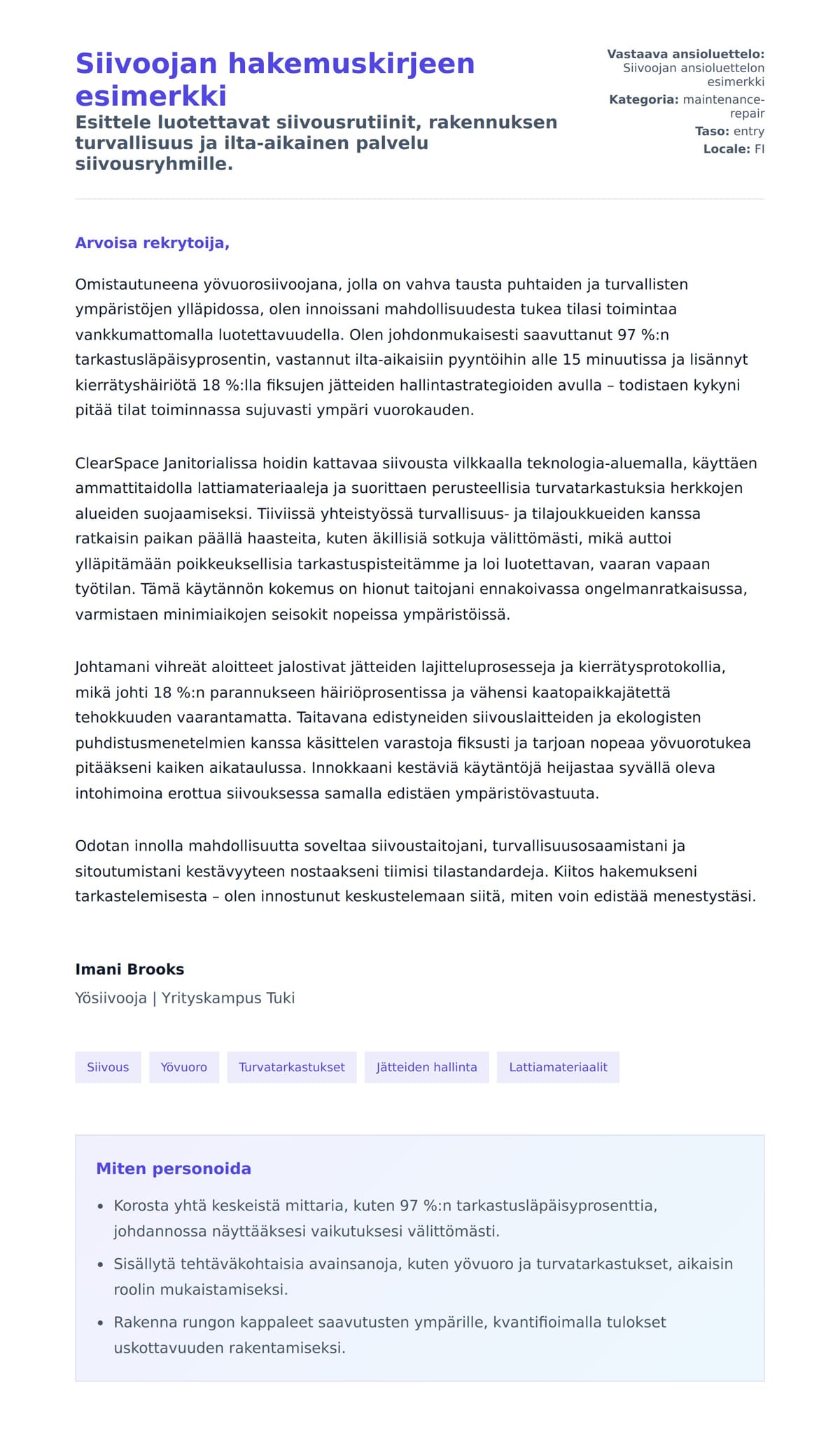 Työhakemuskirjeen esikatselu kohteelle Siivoojan hakemuskirjeen esimerkki