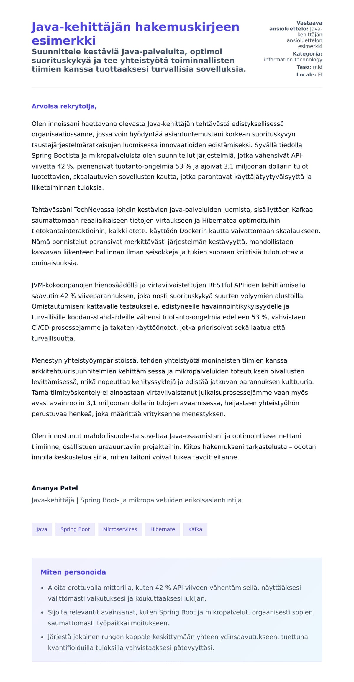 Työhakemuskirjeen esikatselu kohteelle Java-kehittäjän hakemuskirjeen esimerkki