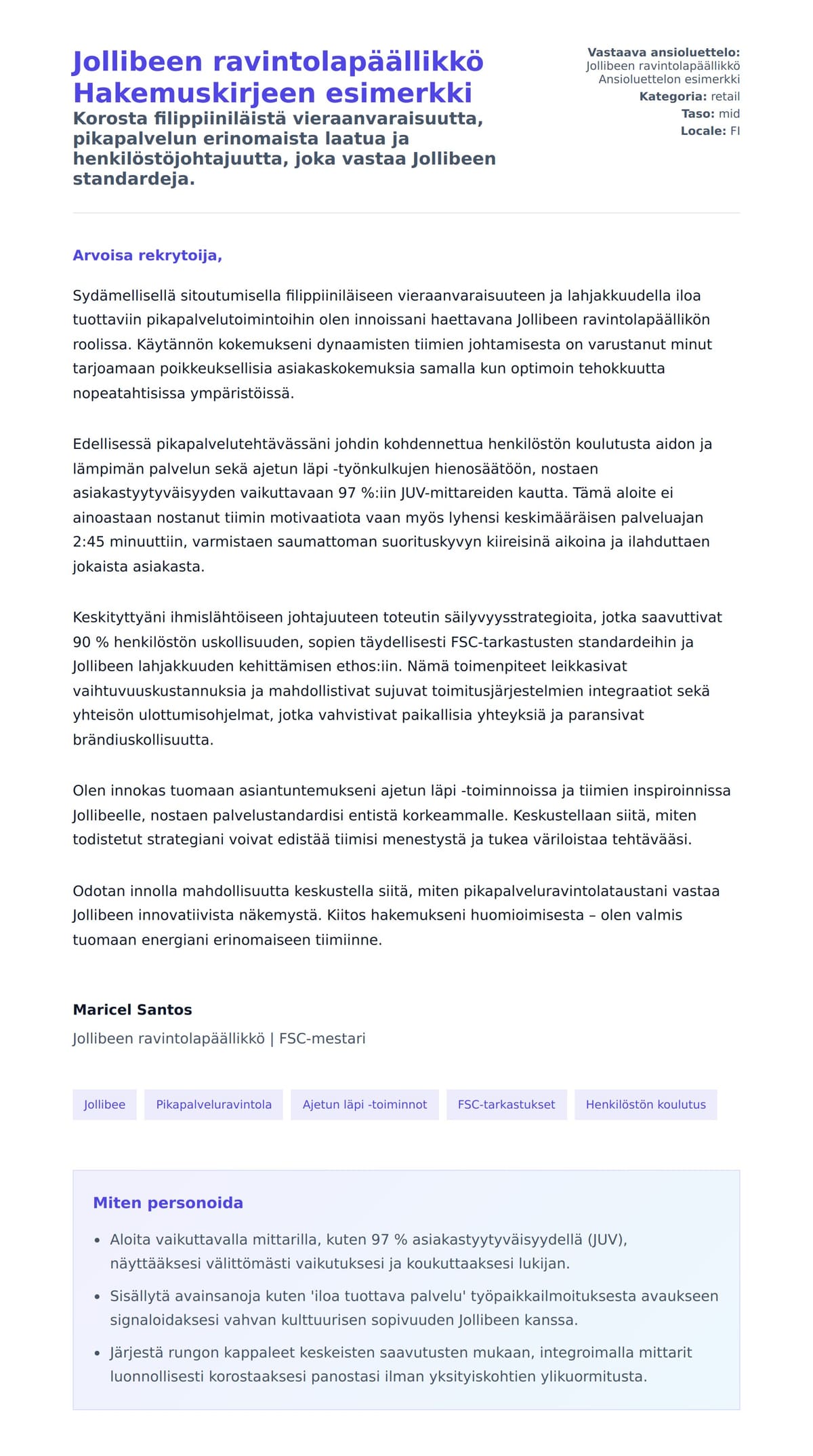 Työhakemuskirjeen esikatselu kohteelle Jollibeen ravintolapäällikkö Hakemuskirjeen esimerkki
