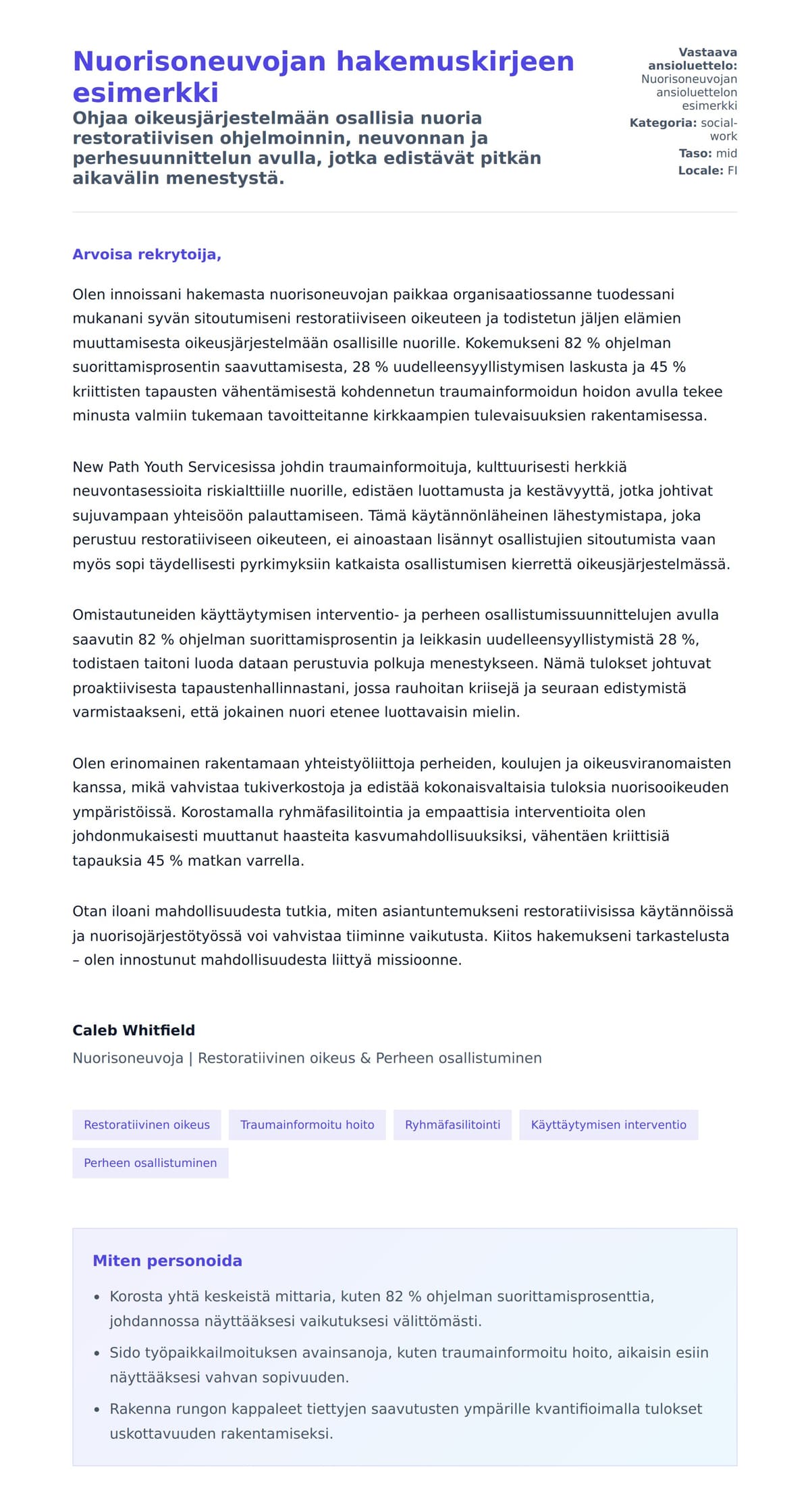 Työhakemuskirjeen esikatselu kohteelle Nuorisoneuvojan hakemuskirjeen esimerkki