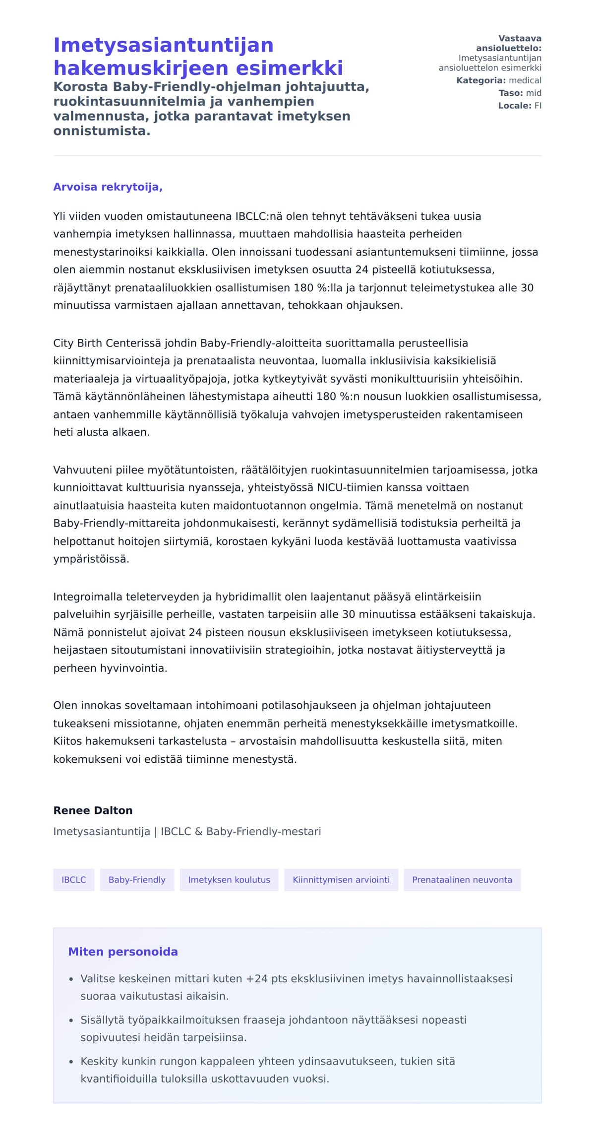 Työhakemuskirjeen esikatselu kohteelle Imetysasiantuntijan hakemuskirjeen esimerkki