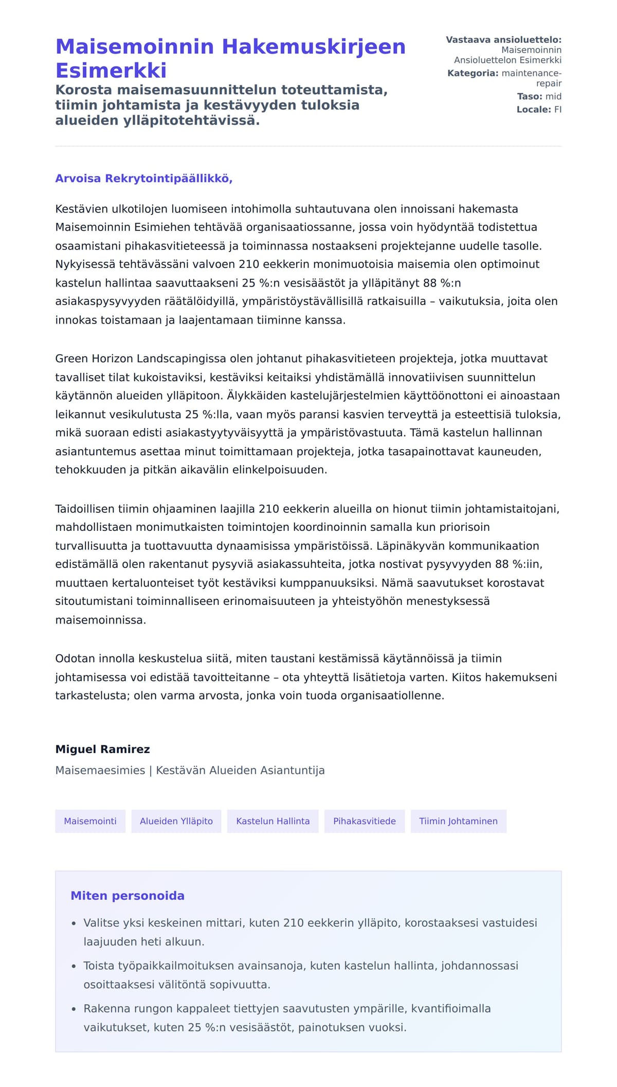 Työhakemuskirjeen esikatselu kohteelle Maisemoinnin Hakemuskirjeen Esimerkki