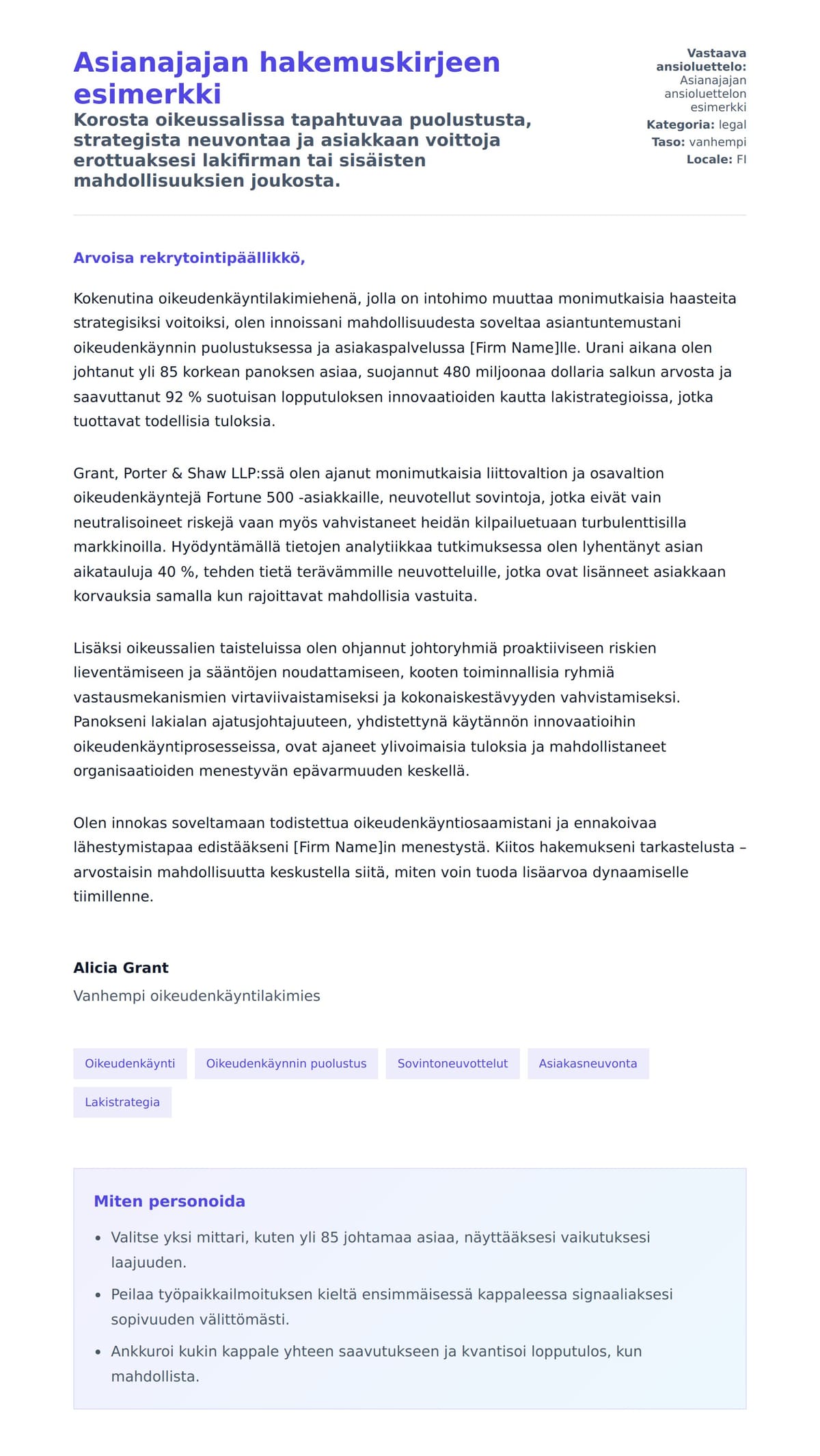 Työhakemuskirjeen esikatselu kohteelle Asianajajan hakemuskirjeen esimerkki