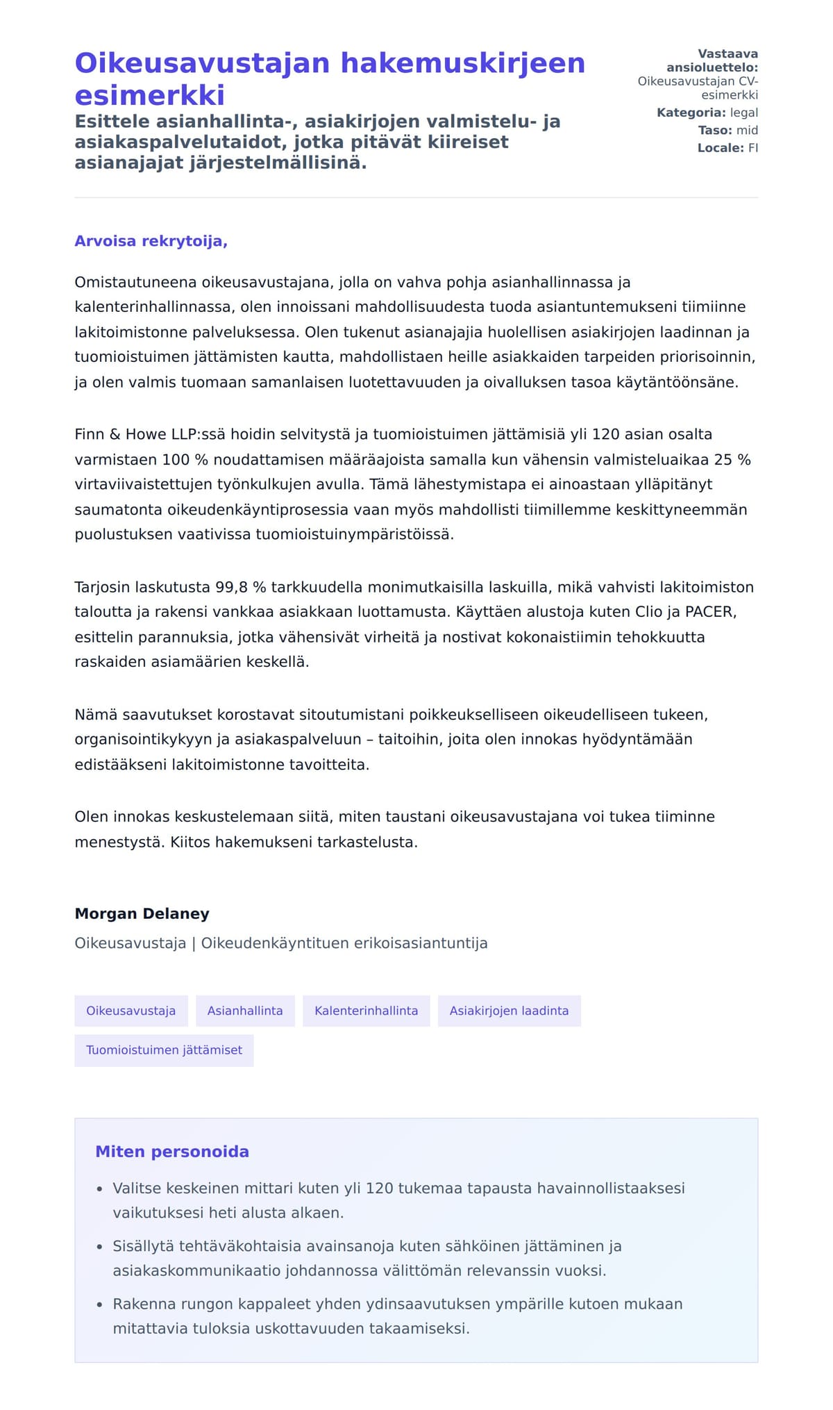 Työhakemuskirjeen esikatselu kohteelle Oikeusavustajan hakemuskirjeen esimerkki