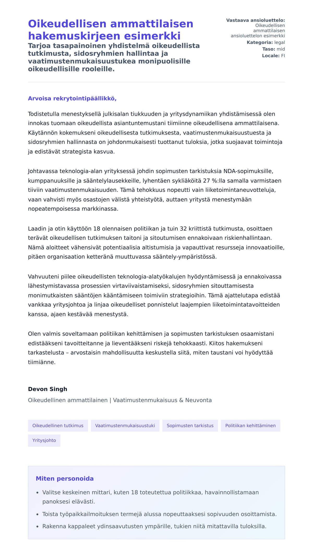 Työhakemuskirjeen esikatselu kohteelle Oikeudellisen ammattilaisen hakemuskirjeen esimerkki